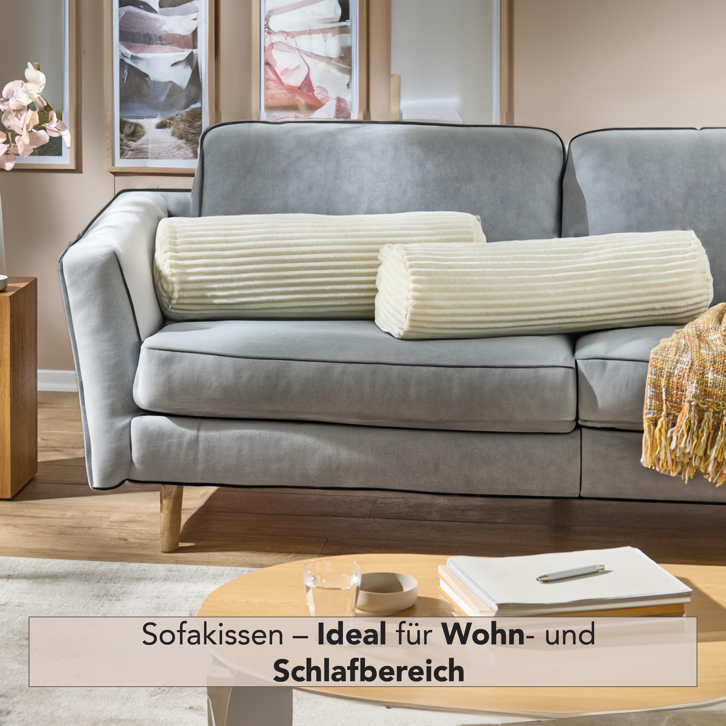 Como Dekokissen 4er-Set Kissenrolle Cordoptik Creme 22 x 70 cm, für Zuhause | Polyesterfüllung, Bezug abnehmbar inkl. Innenkissen, Sofakissen Nackenstütze für Wohnzimmer Schlafzimmer, praktisch