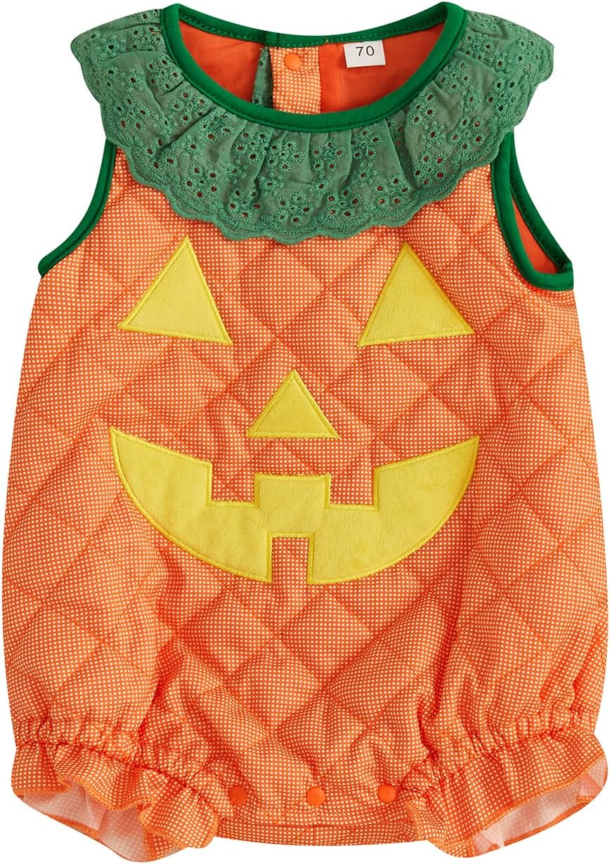 Toddler Baby Halloween Costume Cartoon Pumpkin Face Printed Lace Up Sleeveless Romper Party Cosplay Jumpsuit