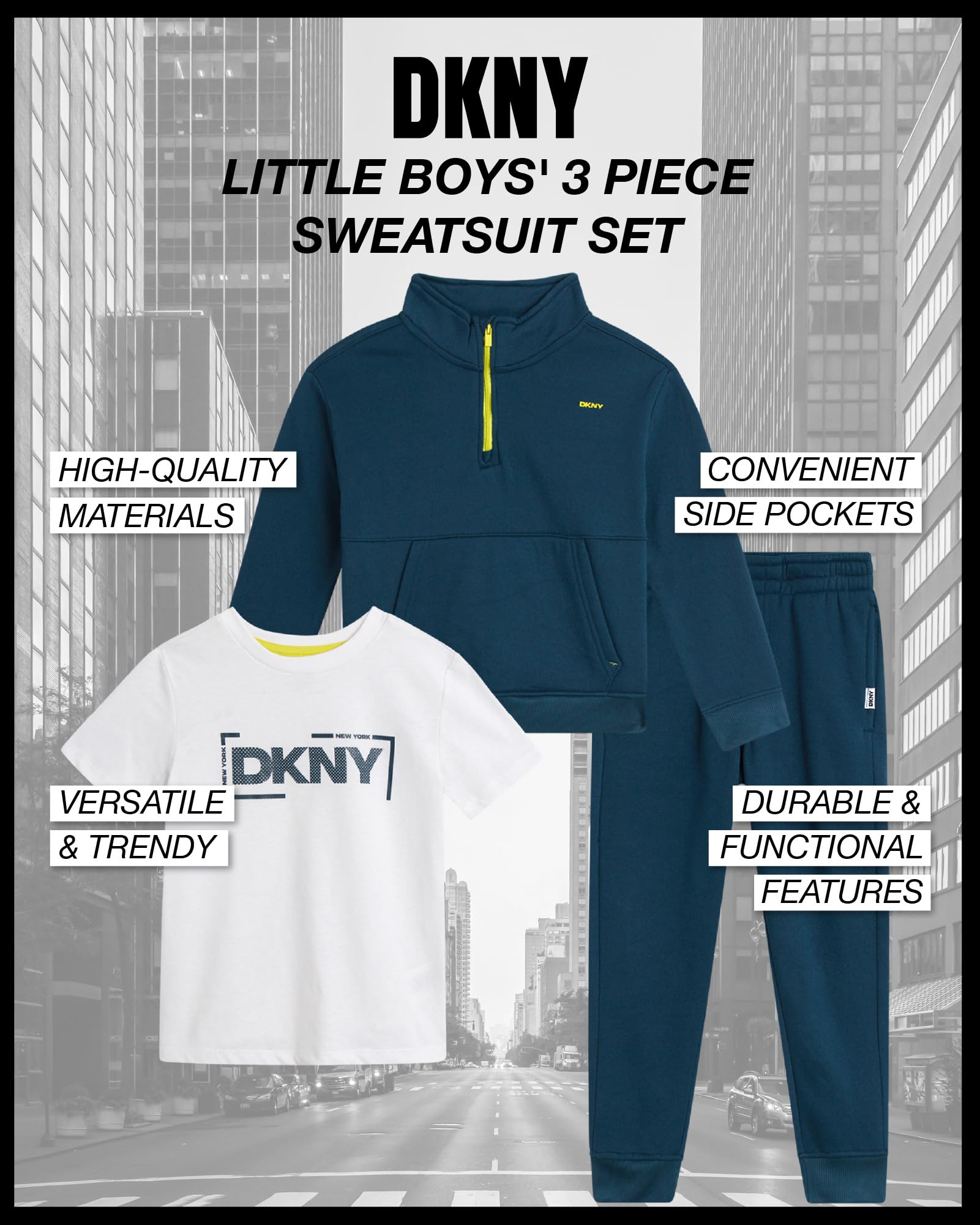 DKNY Toddler Boys' Sweatsuit Set - 3 Piece Short Sleeve Graphic Tee, Quarter-Zip Sweatshirt, and Jogger Sweatpants (2T-7), Size 2T, Teal Blue