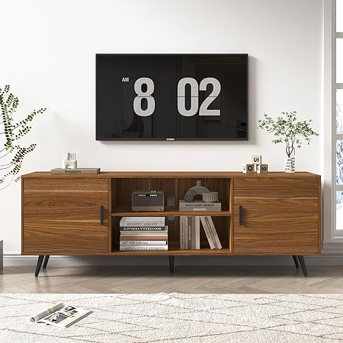 Miniatura 9 de AUXSOUL Soporte de TV moderno de mediados de siglo, 70 pulgadas para TV de 75 pulgadas, madera con almacenamiento, centro de entretenimiento para