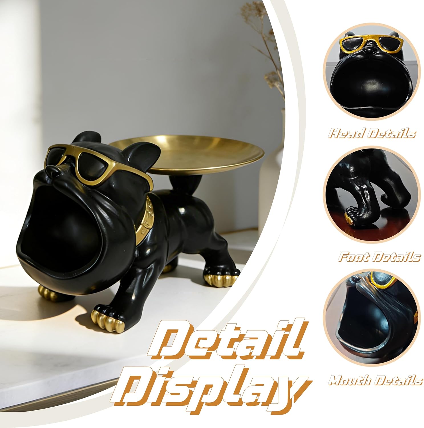 Resin French Bulldog Tray Statue, Bulldog Candy Dish Key Holder Bowl, French Bulldog Accessories, Statues for Office Desk Home Decor Figurines Entryway Table Decor (Black)