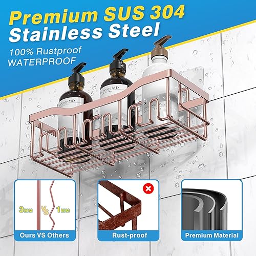 Miniatura 12 de EUDELE Paquete de 5 organizadores de ducha de acero inoxidable a prueba de óxido, organizador de baño adhesivo sin taladros con gran capacidad, Oro
