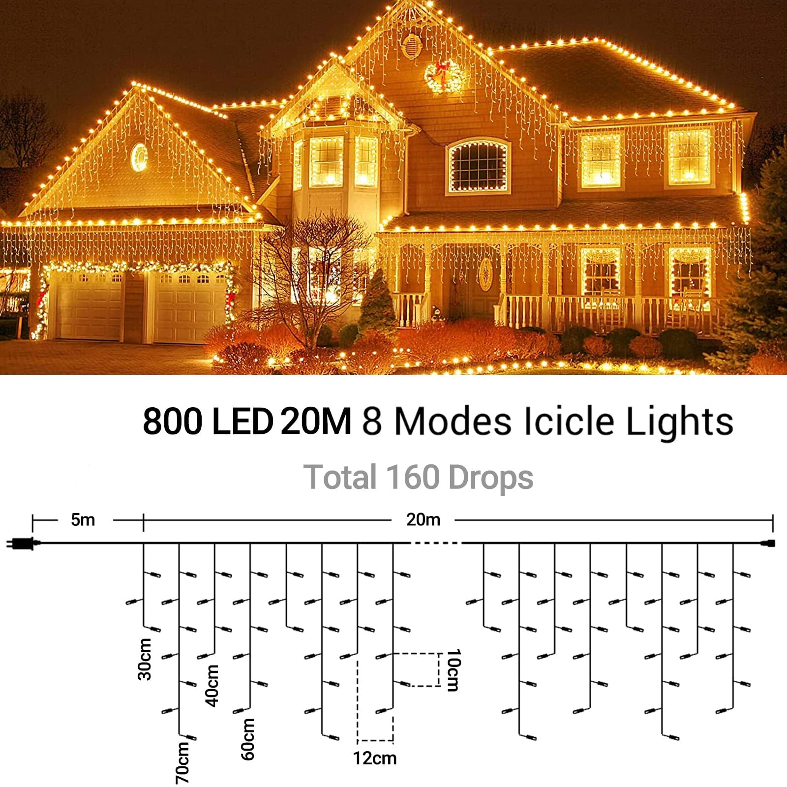 GlobaLink 800 LED Lichterkette Eisregen, 20M Lichtervorhang Außen mit 160 Tropfen erweiterbar mit Timer Regenlichterkette Eiszapfen Lichterkette für Dach Balkon Weihnachten Party - Warmweiß | Lichterkette LED Weihnachten Wasserdicht IP44 mit 8 Modi Lichte