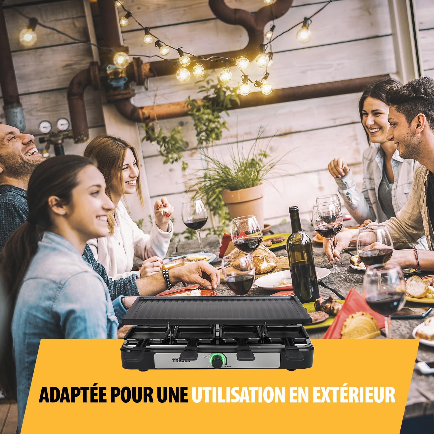 Tristar Raclette, Pour 8 Personnes, Surface de Cuisson 42 x 23 cm, Thermostat Réglable avec Anneau Lumineux, 1400 W, Noir, RA-2746