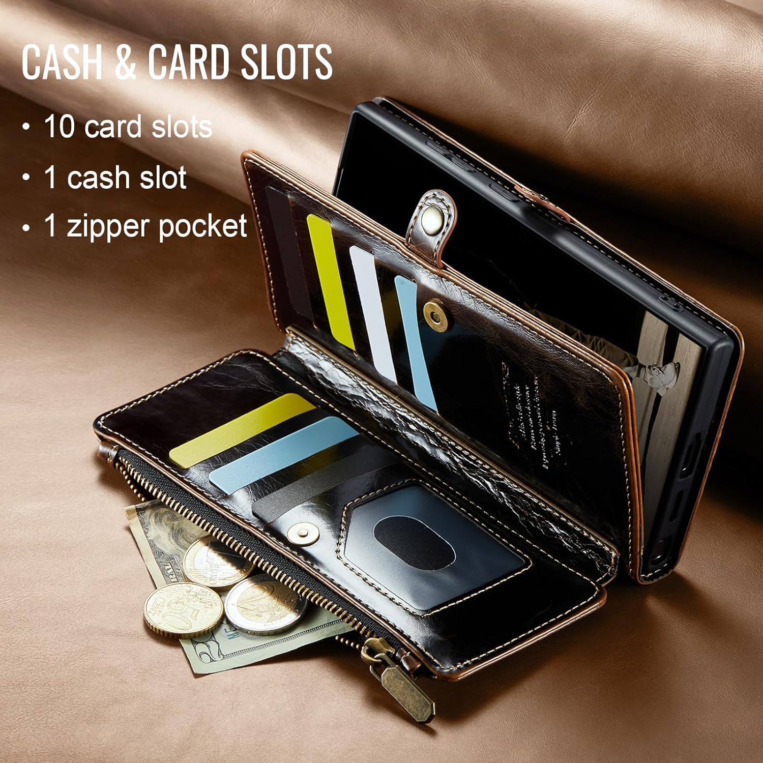 Defencase for Samsung Galaxy S25 FE Case Wallet with RFID Blocking Card Holder for Women and Men, PU Leather Magnetic Snap Flip Zipper Strap Wallet Phone Case for Galaxy S25 FE 5G 6.7", Coffee - Image 8