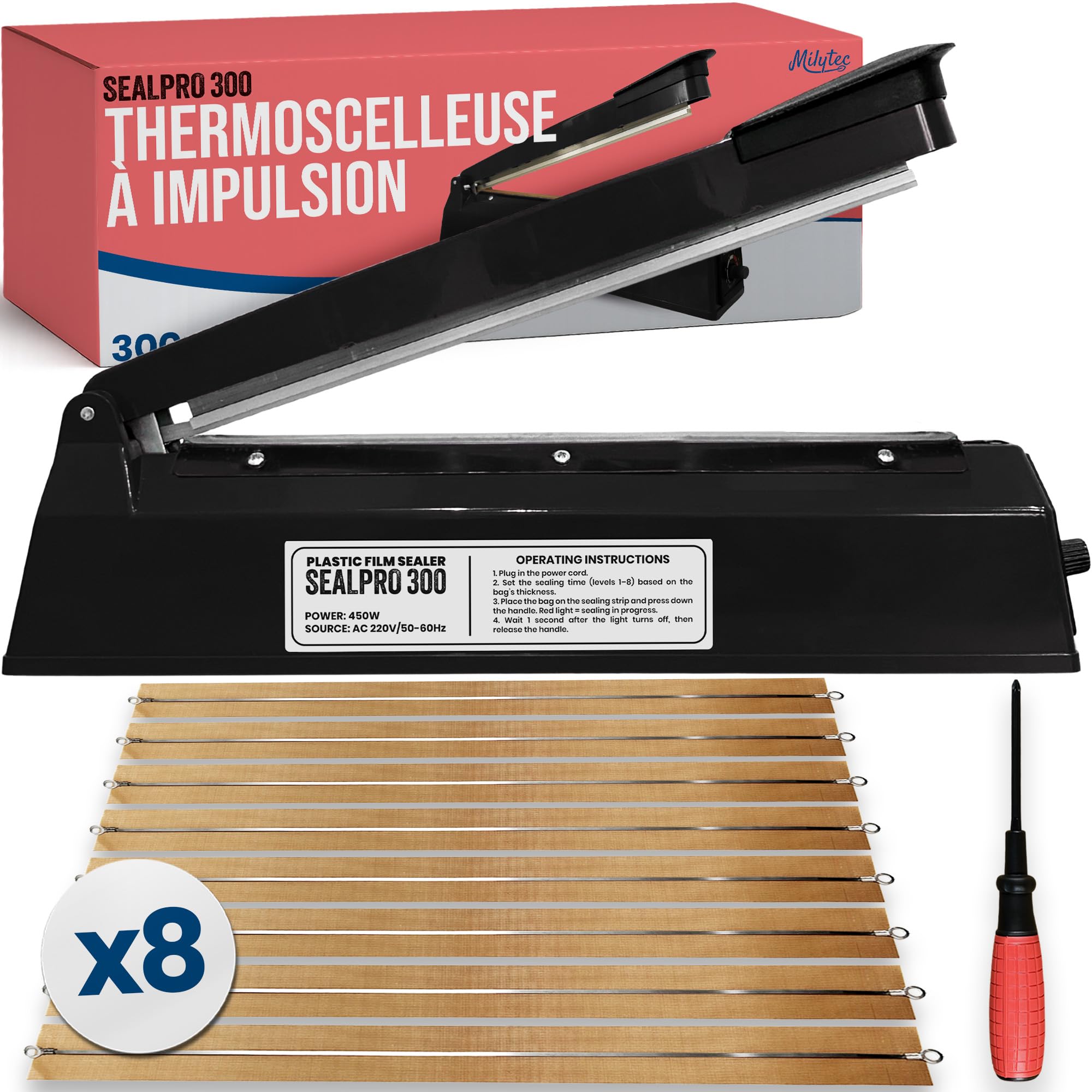 Máquina de sellado de 300 mm para bolsas y bolsas de plástico PP y PE, kraft y aluminio – Sellador térmico profesional con 8 resistencias – termosellado rápido y hermético