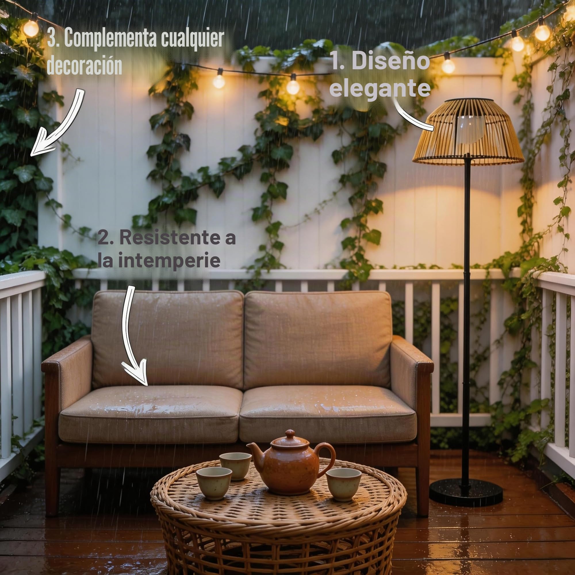 Lámpara Solar Exterior Impermeable 3 Alturas - Luz Auto-On al Anochecer, Diseño de Mimbre para Terraza, Jardín, Balcón - Ambiente Acogedor Sin Cables