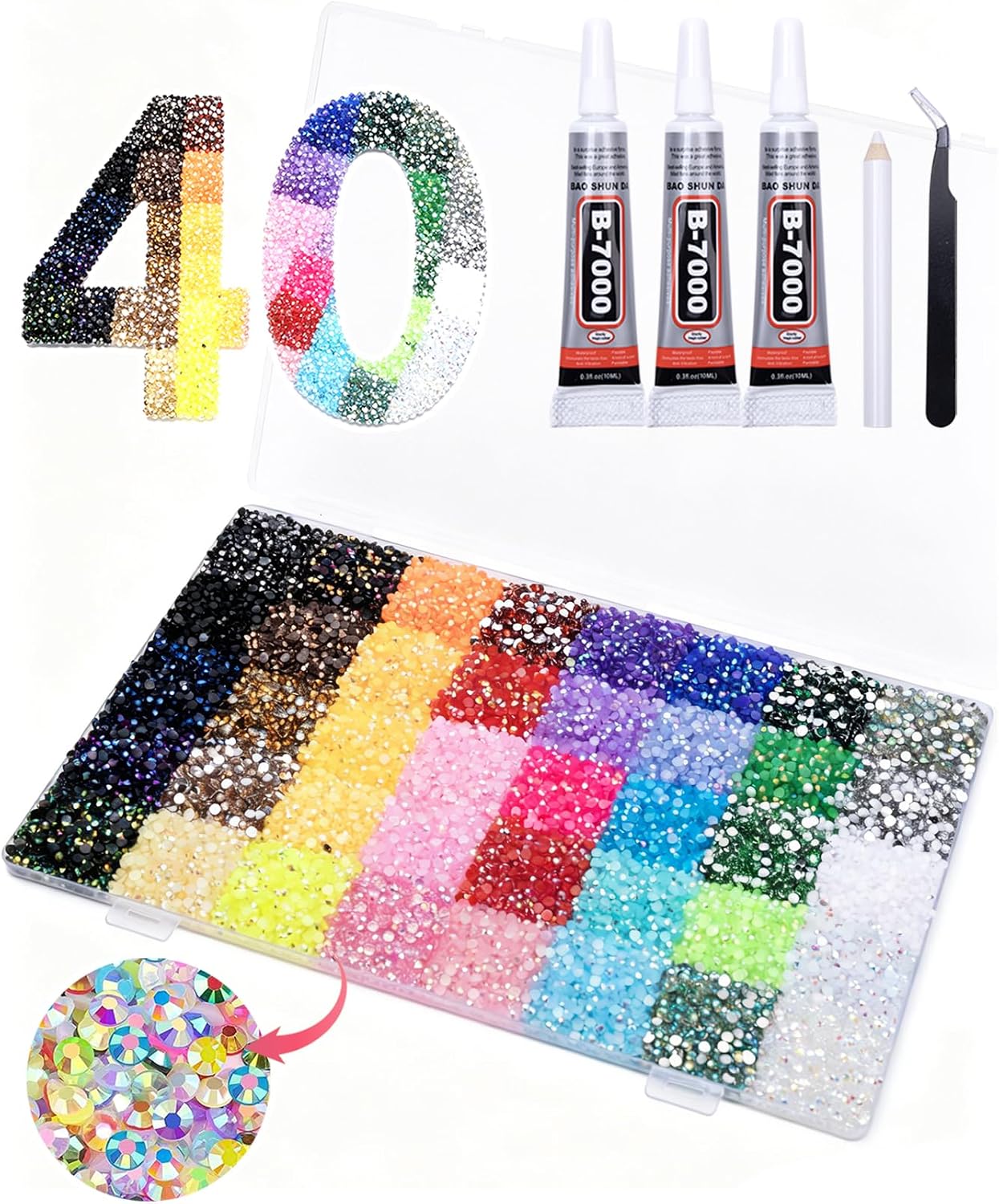 Bedazzler Kit with Rhinestones,40 Colors 3mm 32000Pcs Flatback Rhinestones with 3 Pcs B7000 Jewelry Glue & Tools, All-in-One Bedazzling Kit for DIY Arts & Crafts Gifts