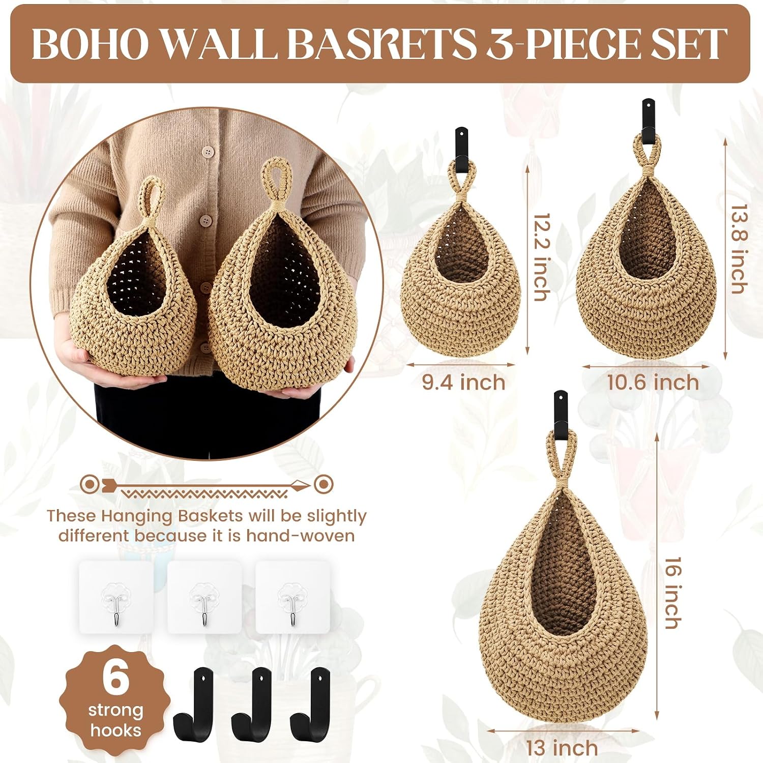 Wall Hanging Baskets for Organizing - 3 Pack Hanging Fruit Basket with 6 Pcs Strong Hooks, Handwoven Onion Storage Teardrop Home Onion Basket for Fruits Vegetable Potato Kitchen Storage(Light Linen)