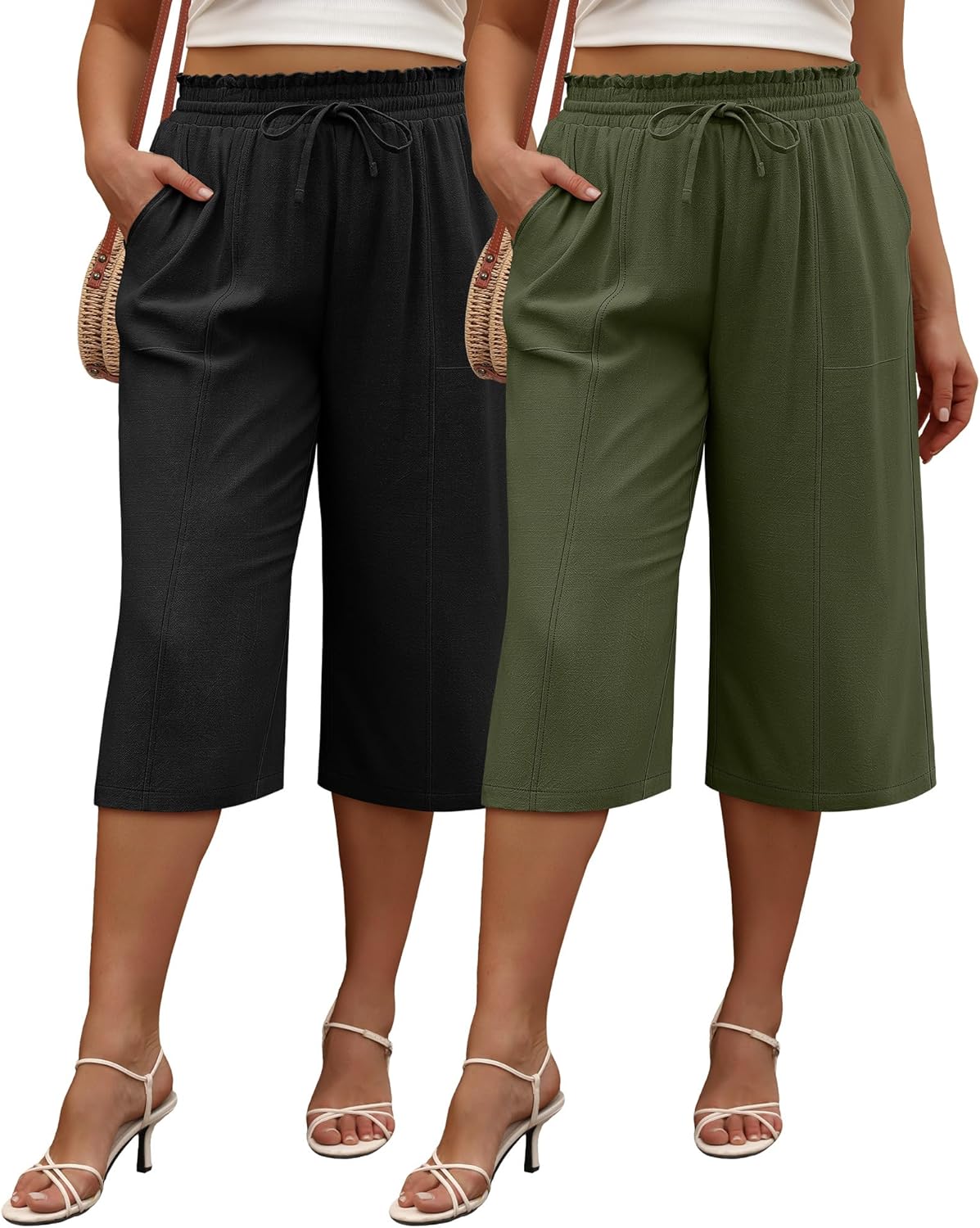 Neer 2 Pack Women's Plus Size Linen Capri Pants Wide Leg High Waisted Drawstring Lounge Palazzo Casual Trousers with Pockets