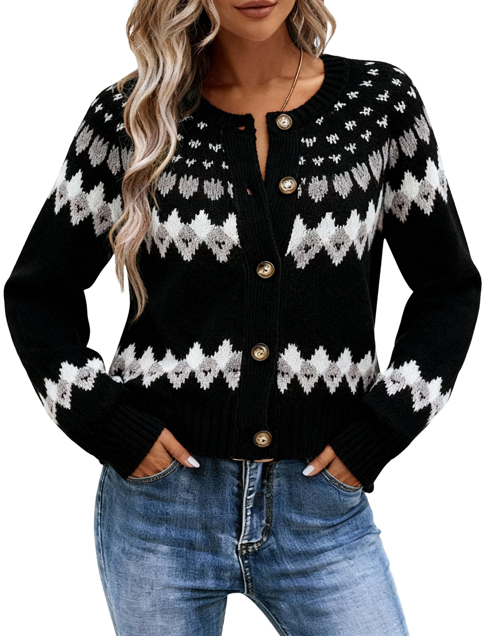 EMMIOL Womens Fair Isle Sweater Cropped Button Up Long Sleeve Cardigans Crewneck Knit Sweater Coats Fall Winter