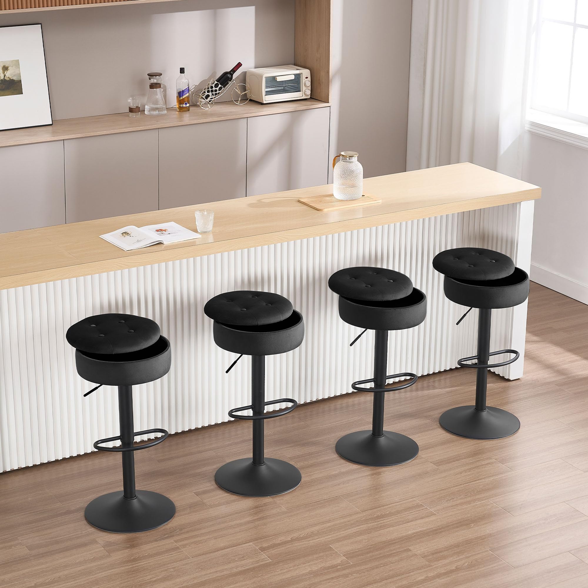 WOLTU 2X Taburetes de Bar con Reposapies Terciopelo, Negro | para Comedor, Salón y Cafetería
