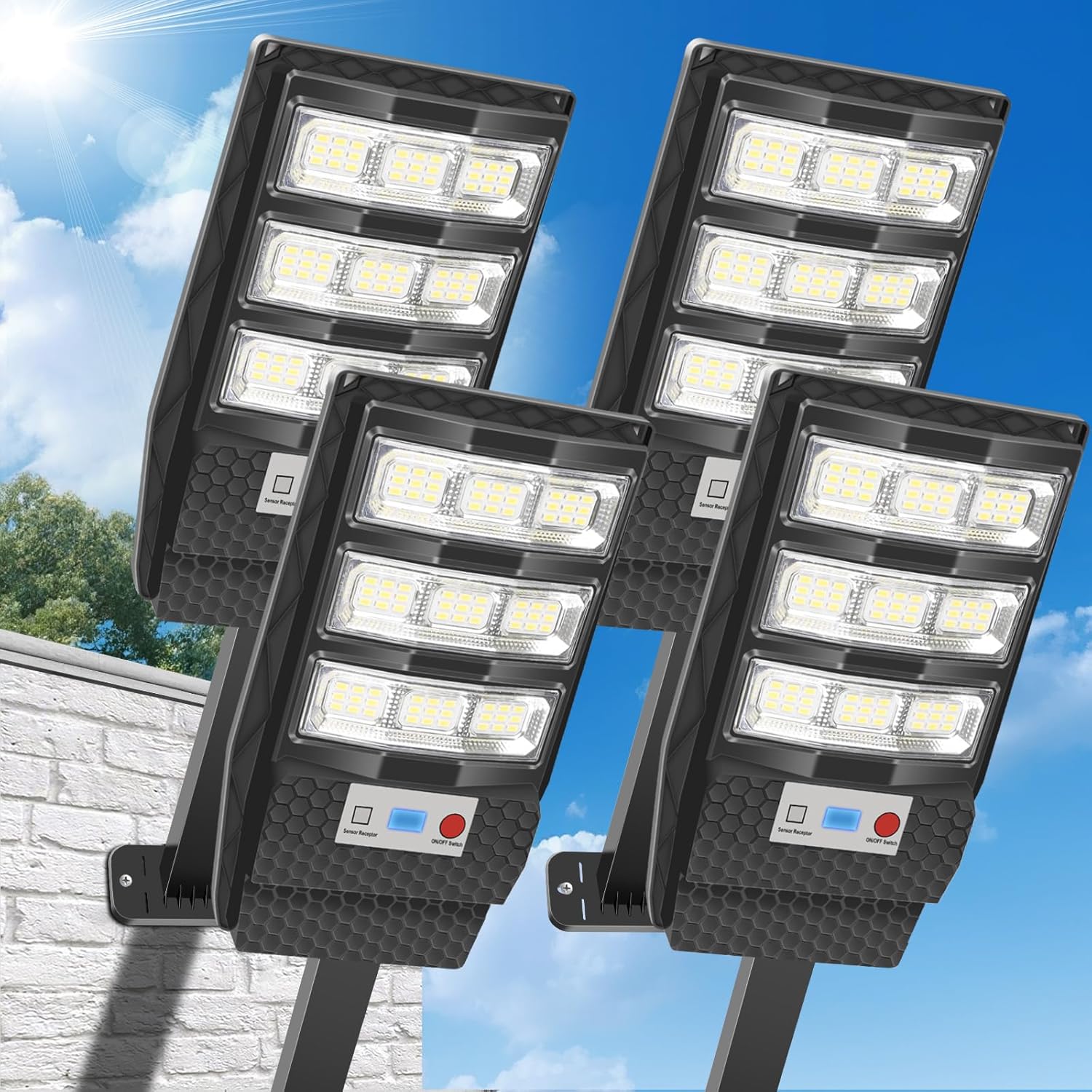 Solar Lights Outdoor Waterproof 4 Pack, Flood Lights Motion Sensor Solar Powered, Dusk to Dawn Outdoor Lighting Remote Control, Street Security Wall Lamp Exterior for Outside Garden Patio Yard