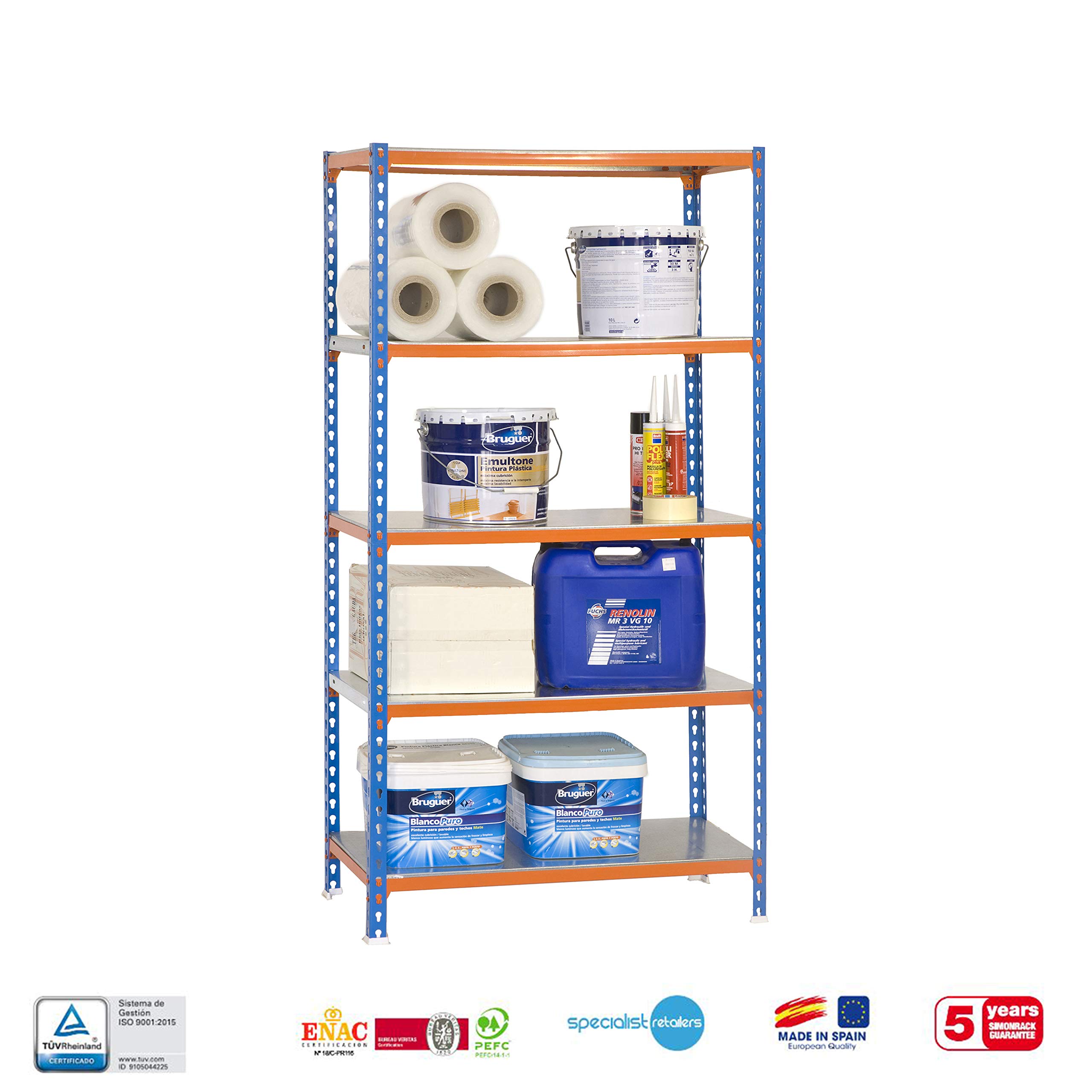 SimonRack Estantería Metálica Almacenaje, Sin tornillos, 5 Baldas, Alta Capacidad Carga 180 kg, 1800x800x300 mm, Estantería Garaje Trastero, Azul/Naranja/Galva