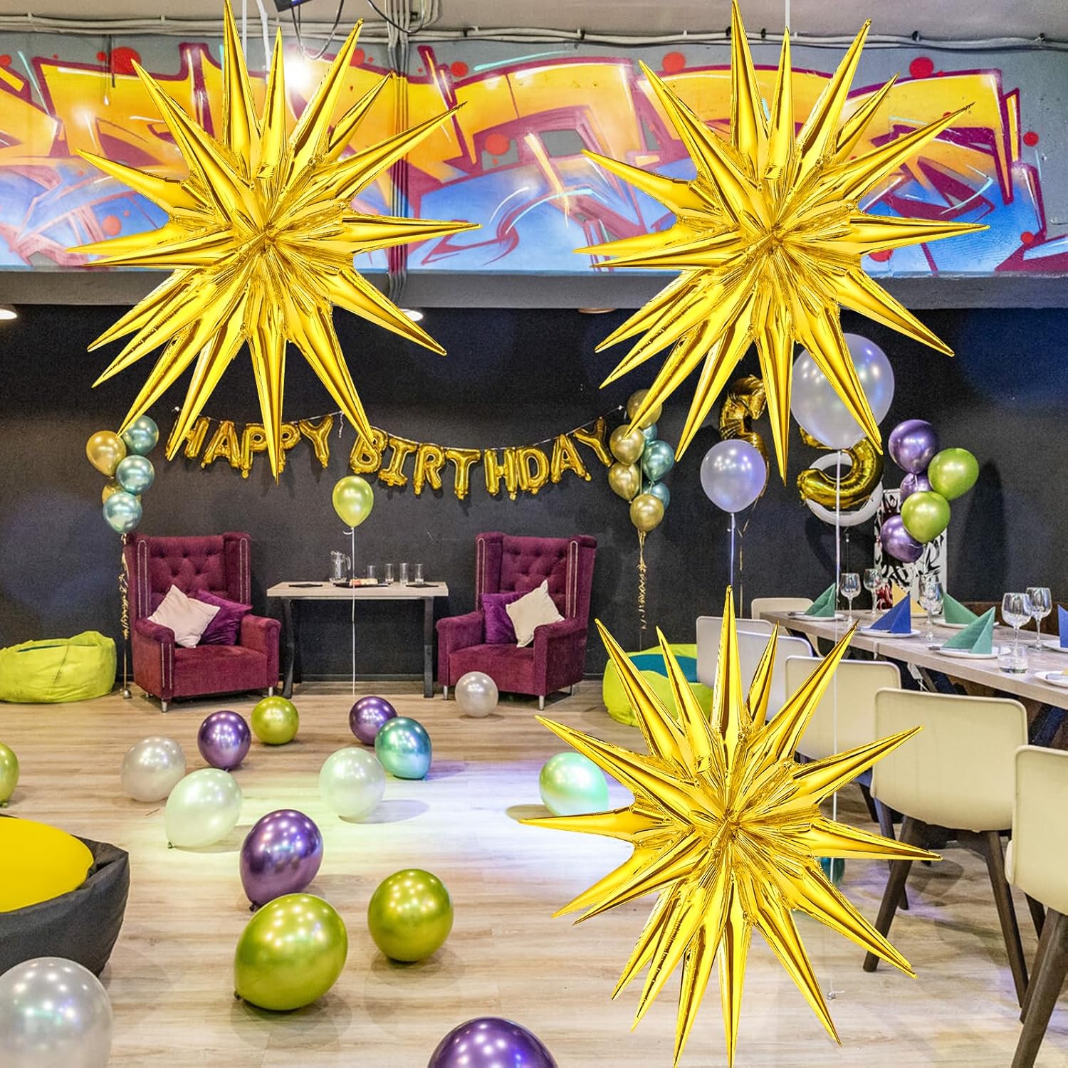 8 Pcs Star Balloons, Huge Gold Explosion Star Aluminum Foil Spike Balloons for Birthday, Baby Shower, Wedding, Bachelorette Party, Disco Party Decorations Supplies - Image 3