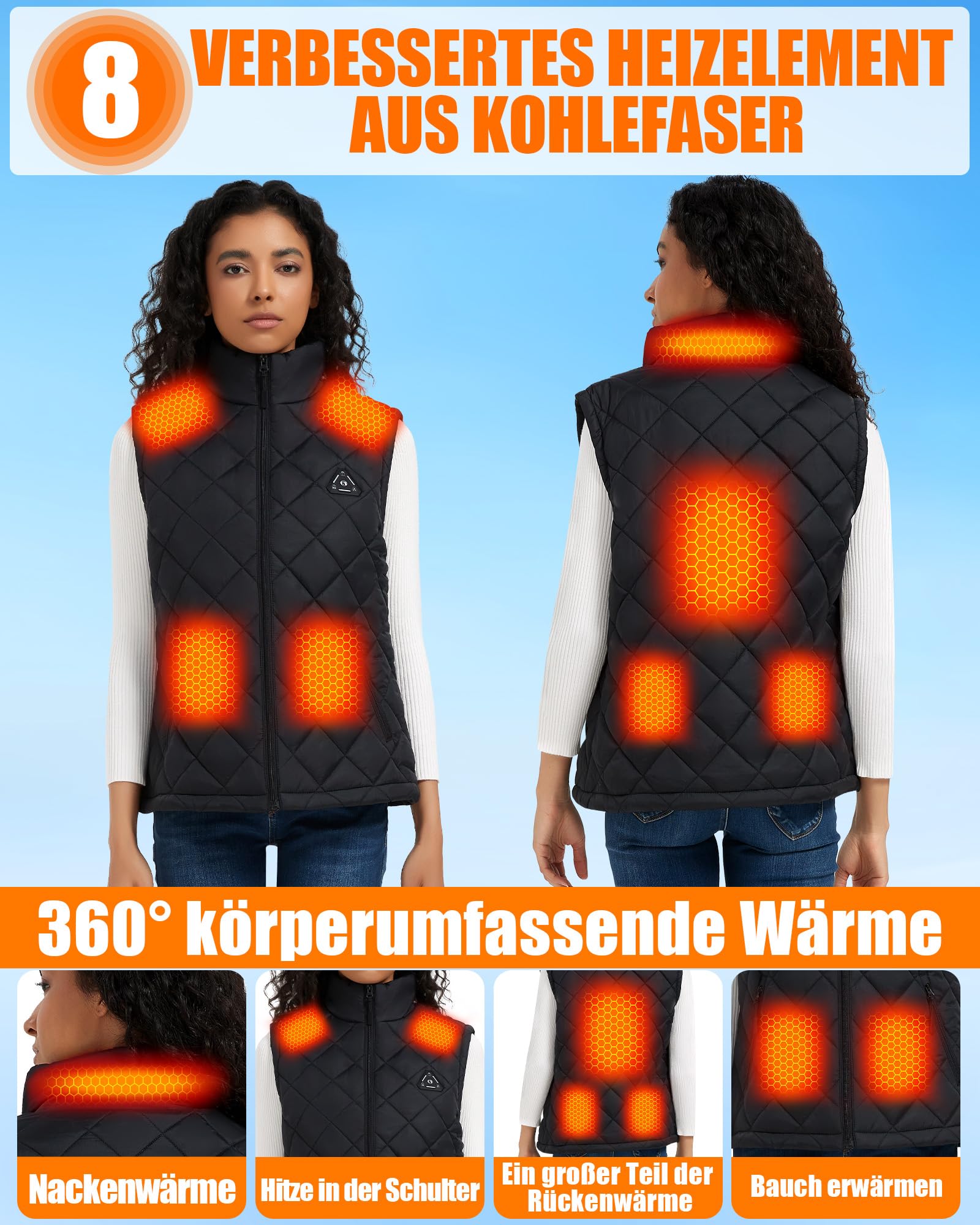 CYCYHEAT Beheizbare Weste Damen und Herren mit 7,4V 10000mAh Akku und 4-in-1 Steuerung – Leichte Wattierte Heizweste mit Verbesserter Carbon-Heiztechnologie für Outdoor & Alltag