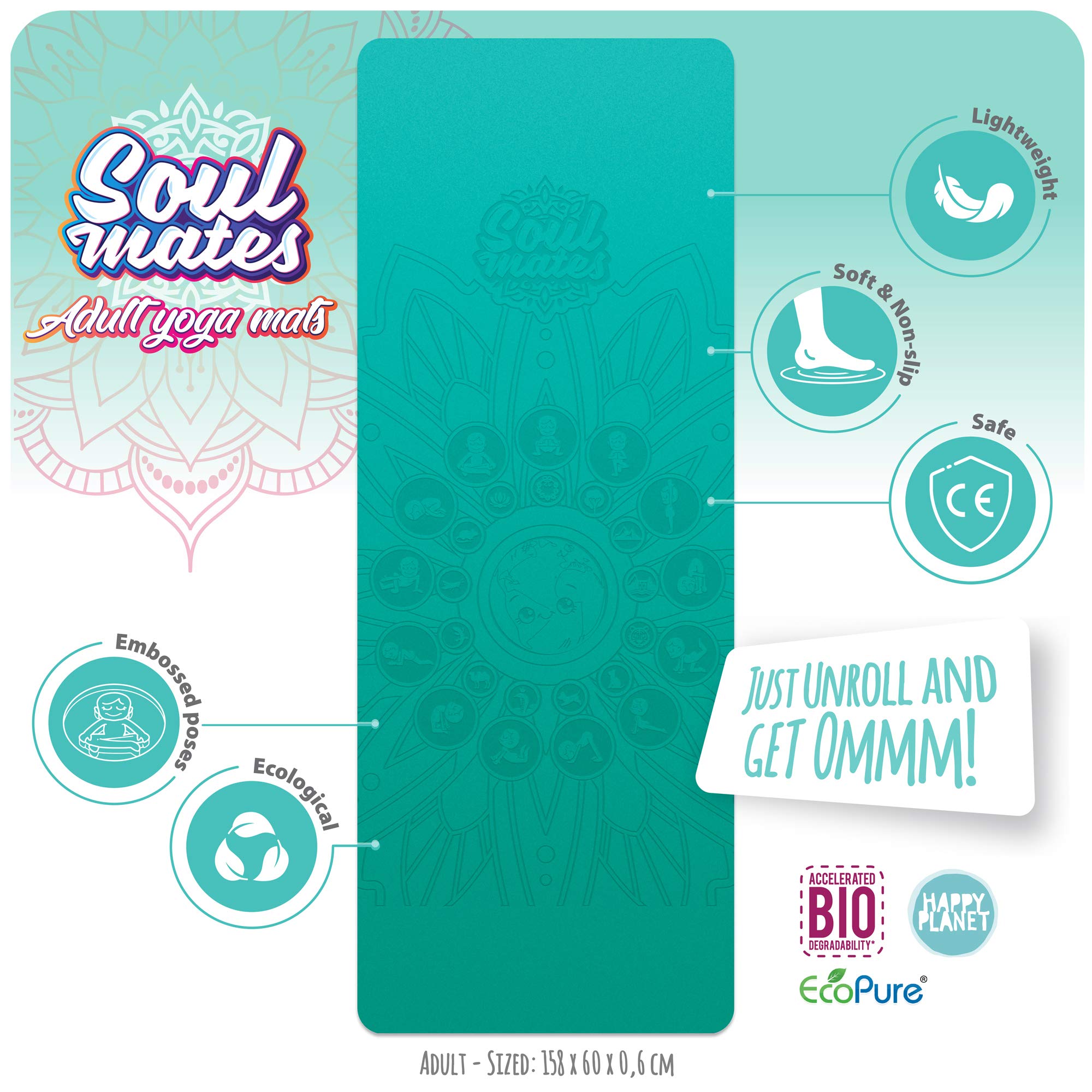 Tappetino leggero per yoga e pilates Soul Mates per adulti, antiscivolo, in TPE ecologico, pieghevole, per ginnastica, fitness ed esercizi, palestra e casa (spessore 6 cm e peso 350 g), colour verde