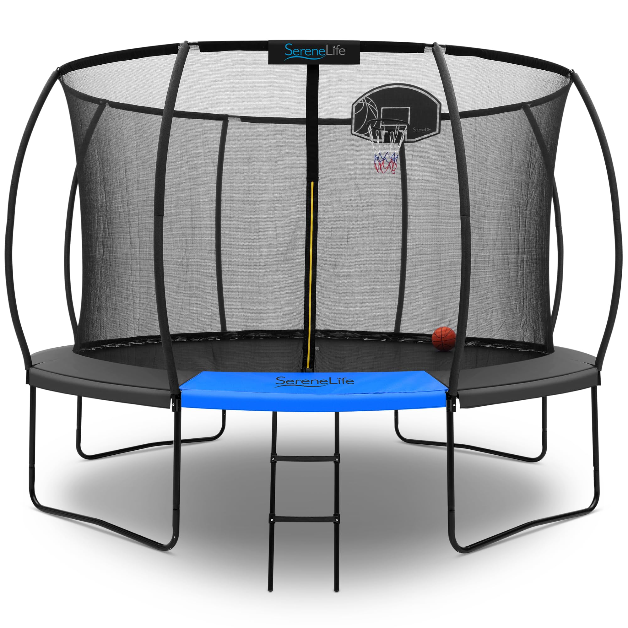 Photo 1 of SereneLife 12FT Outdoor Trampoline for Kids – Durable Backyard Kids Trampoline with Curved Safety Poles, Net Enclosure, Ladder & Basketball Hoop – ASTM Certified, Supports 308 lbs, 144"x116", Black