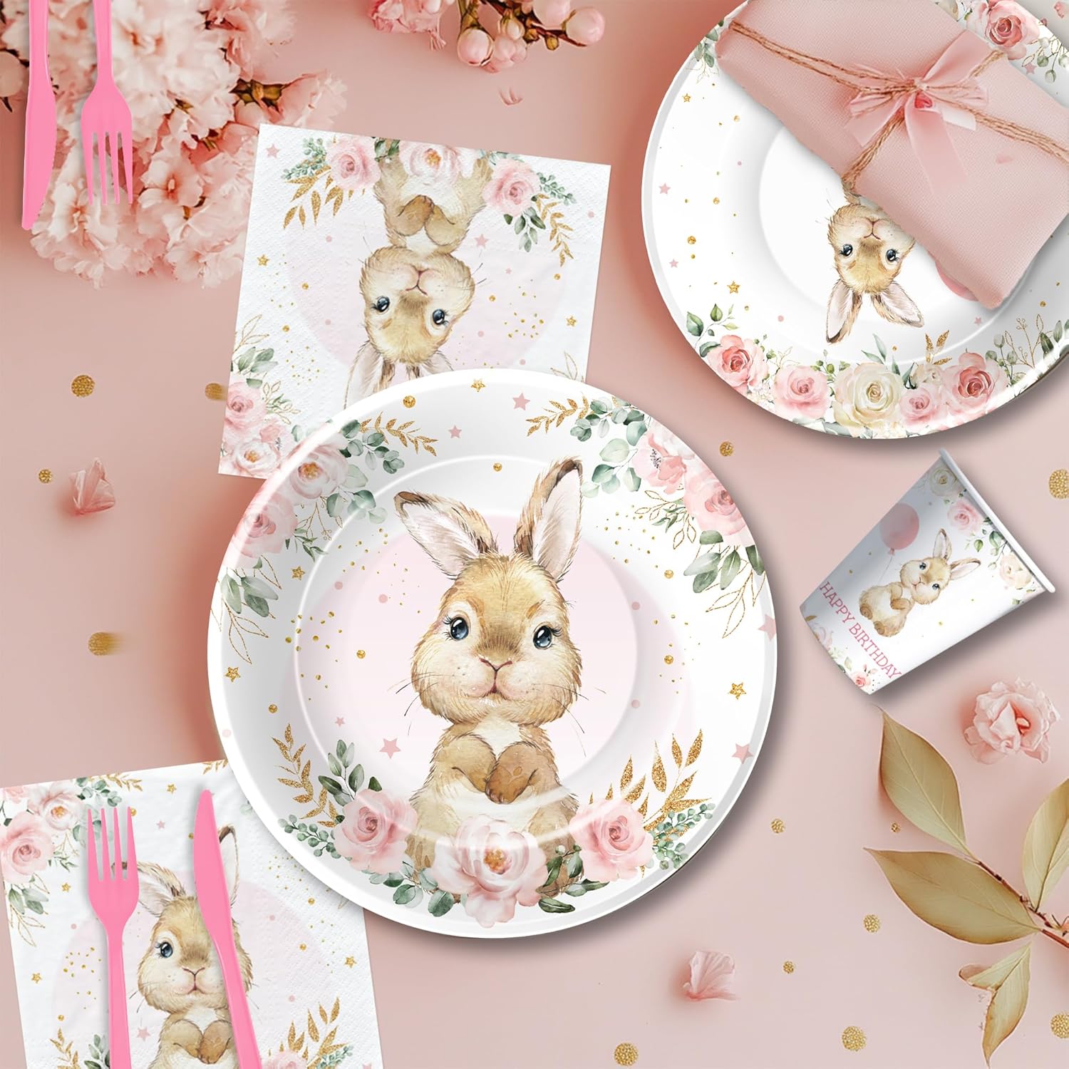 APOWBLS Bunny Birthday Decorations Tableware, Bunny Party Supplies, Paper Plate, Cup, Napkin, Tablecloth, Cutlery, Rabbit Bunny Party Decorations For Easter 1st 2nd Birthday, Serves 24