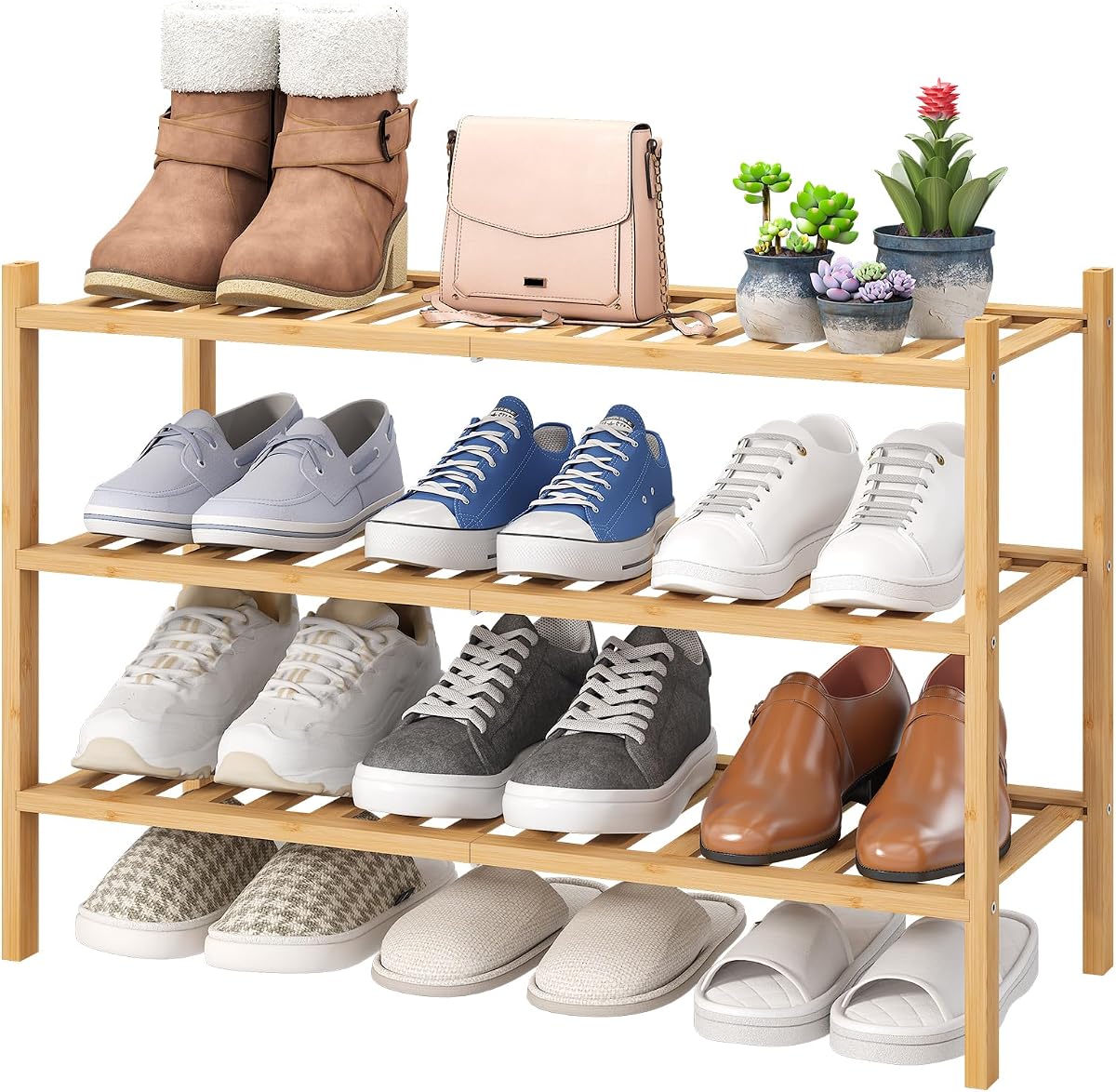 Zapatero independiente de 3 niveles, zapatero de madera de bambú para entrada y armario, hermoso | Naturales | Funcional | Zapatero resistente