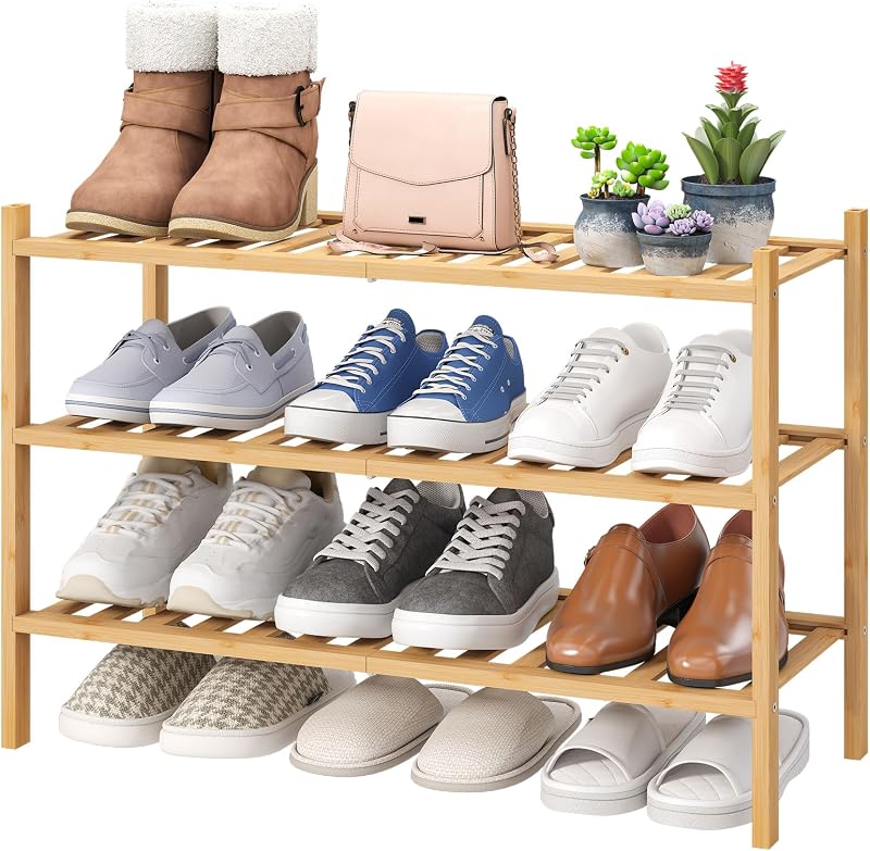 Zapatero independiente de 3 niveles, zapatero de madera de bambú para entrada y armario, hermoso | Naturales | Funcional | Zapatero resistente