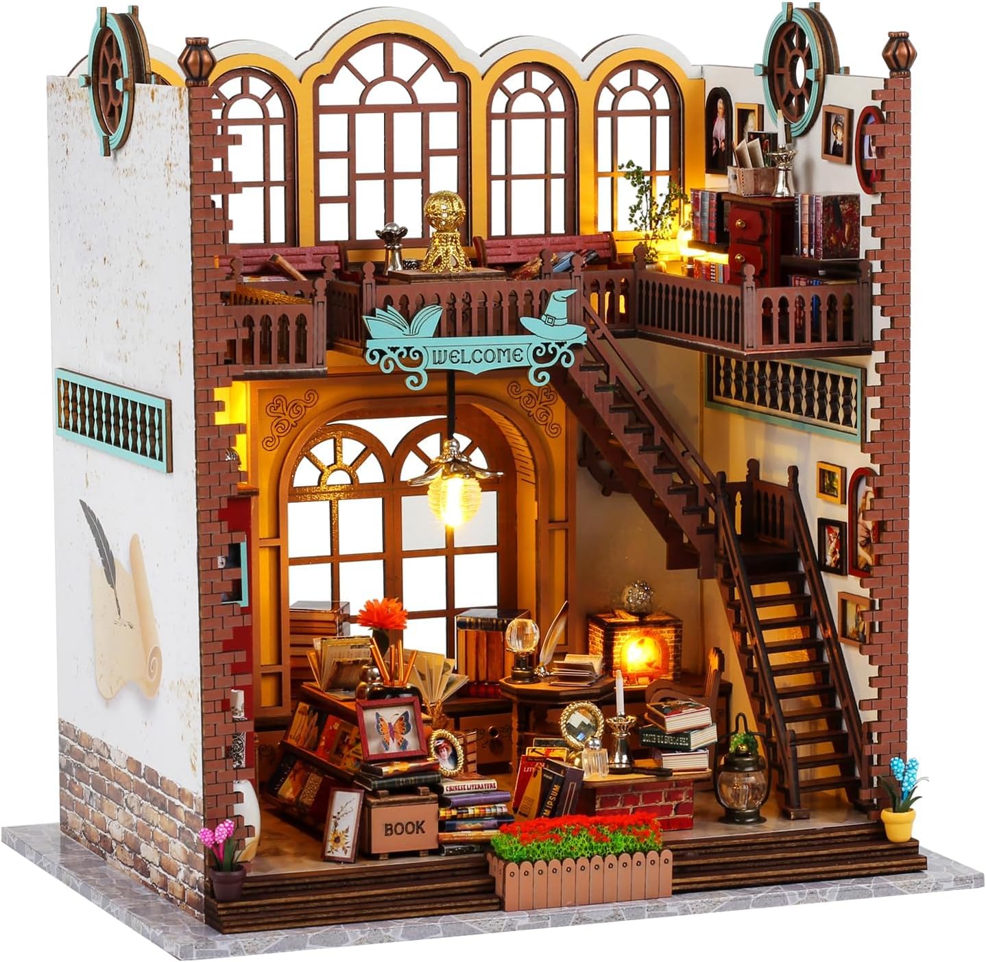 Quanquer Miniature House Kit: Magic Book Store Book Nook with Furniture and LED Light - DIY Kits for Adults - Wooden Doll House - Great Handmade Craft Model - Tiny House Decor Ideal Gifts
