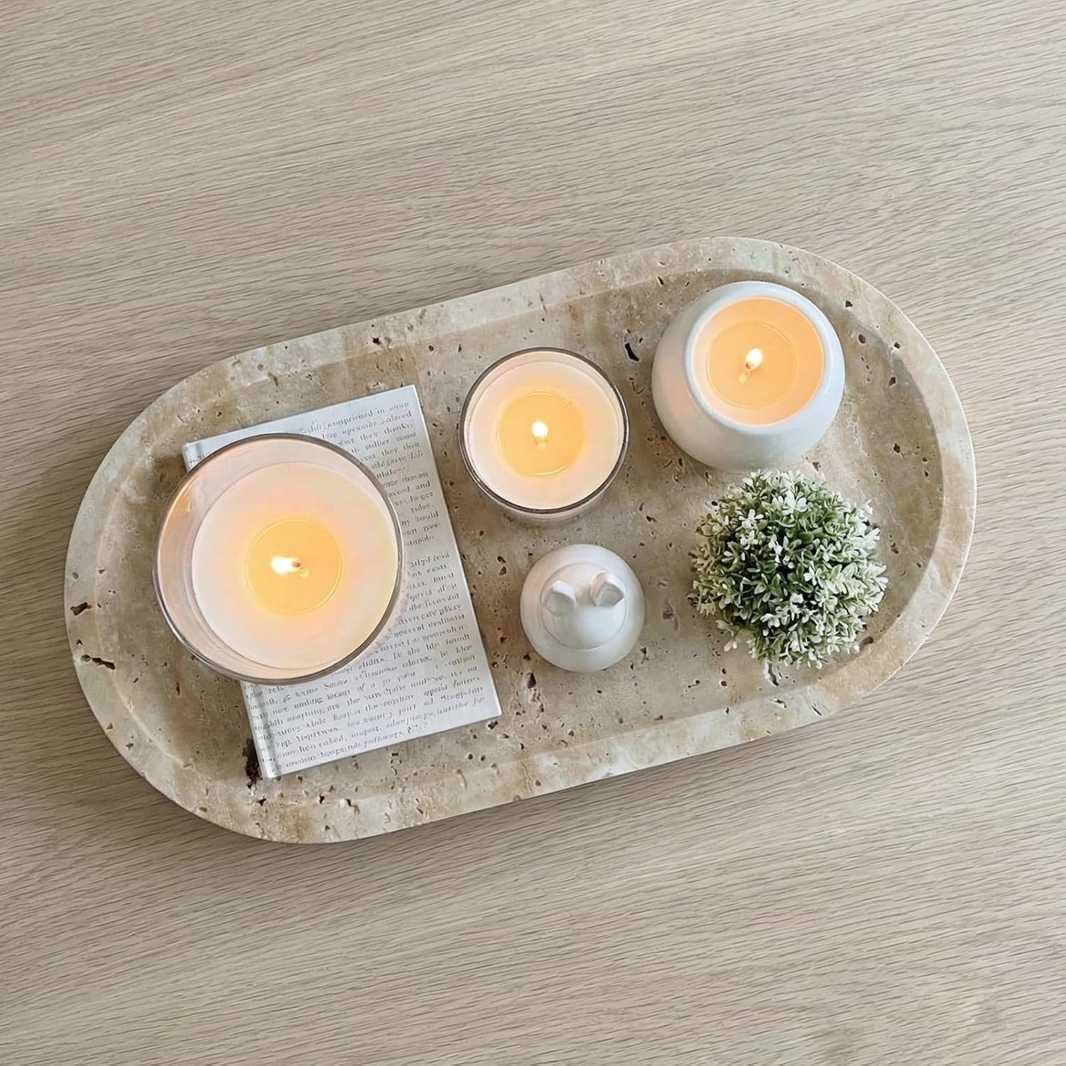 Natural Marble Tray, Stone Vanity Tray for Bathroom & Kitchen Countertop - Organizer for Perfume, Jewelry, Cosmetics 12x6 Inch,Beige Travertine