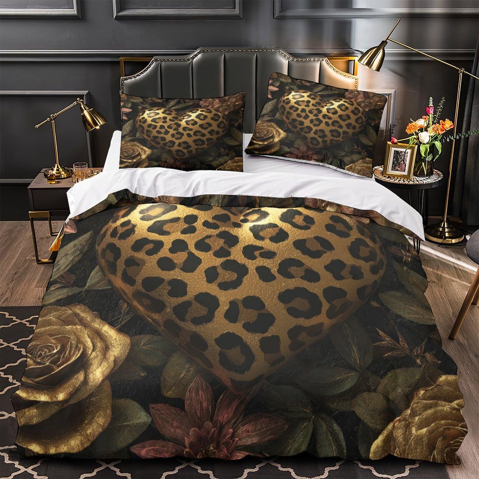 Stampa 3D Leopard heart Fodera per copriletto Microfibra Biancheria per letto Con federa Duraturo Glamorous decorative Copertura per letto Morbido per single giovani coppie Super king（260x220cm）