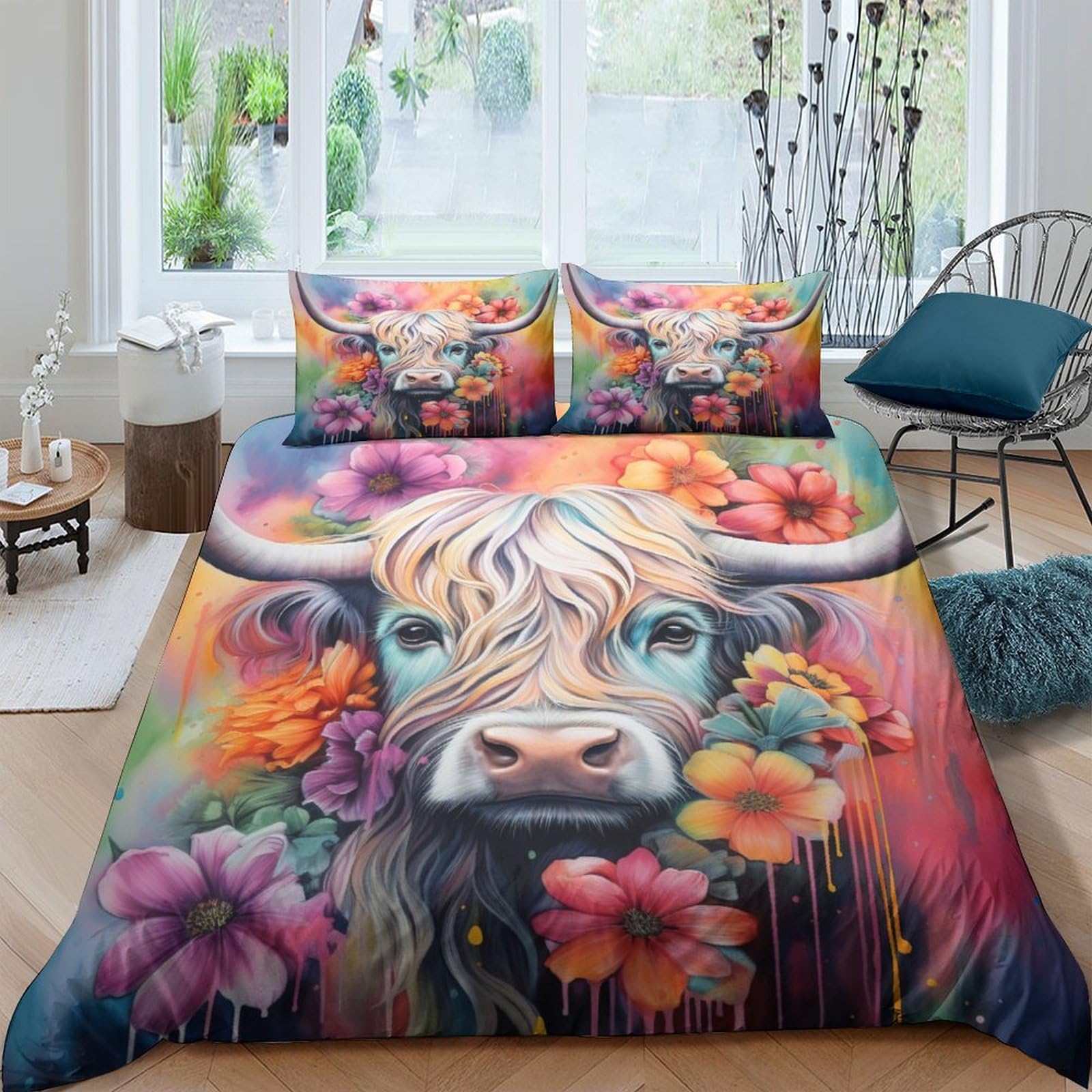 Housse de couette vaches 3D parure de lit microfibe double 200x200cm