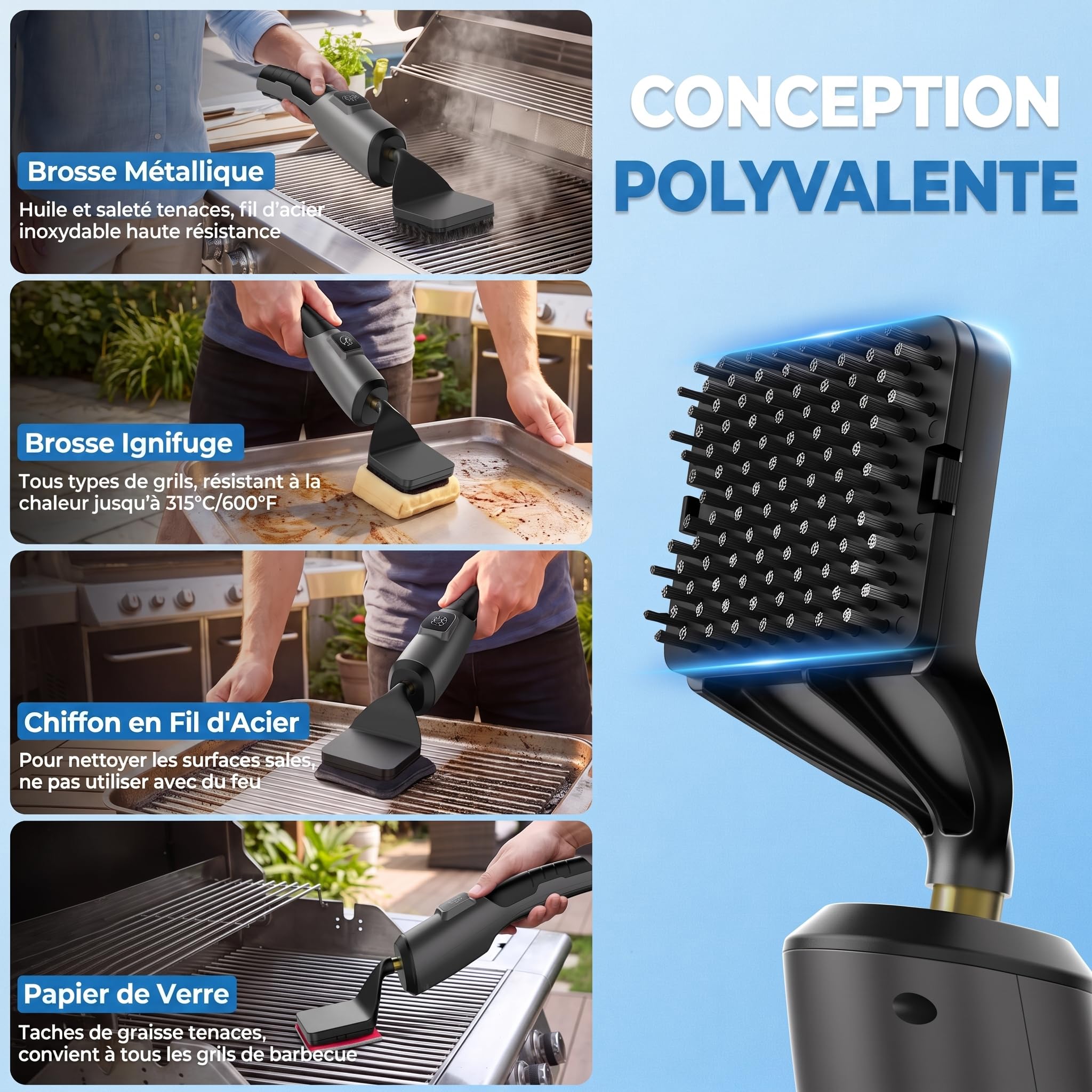 Spazzola Elettrica per Barbecue, Autonomia di 180 Minuti, 4 Testine di Ricambio,Impermeabile IPX7, Ricarica USB, Spazzola in Acciaio Inossidabile per la Pulizia Griglia Barbecue, Campeggio