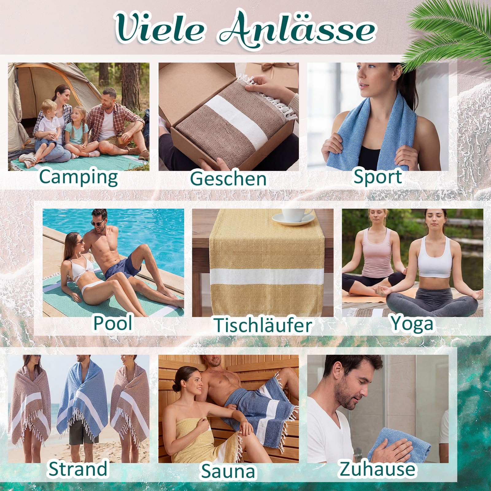 Nuenen 4er Set Hamamtuch Saunahandtuch 100 x 180 cm Leichtes Schnell Trocknendes Strandtuch aus Baumwolle Platzsparend für Reise Sauna Yoga Urlaub Weich Stilvoll (Blau, Grün, Braun, Gelb)