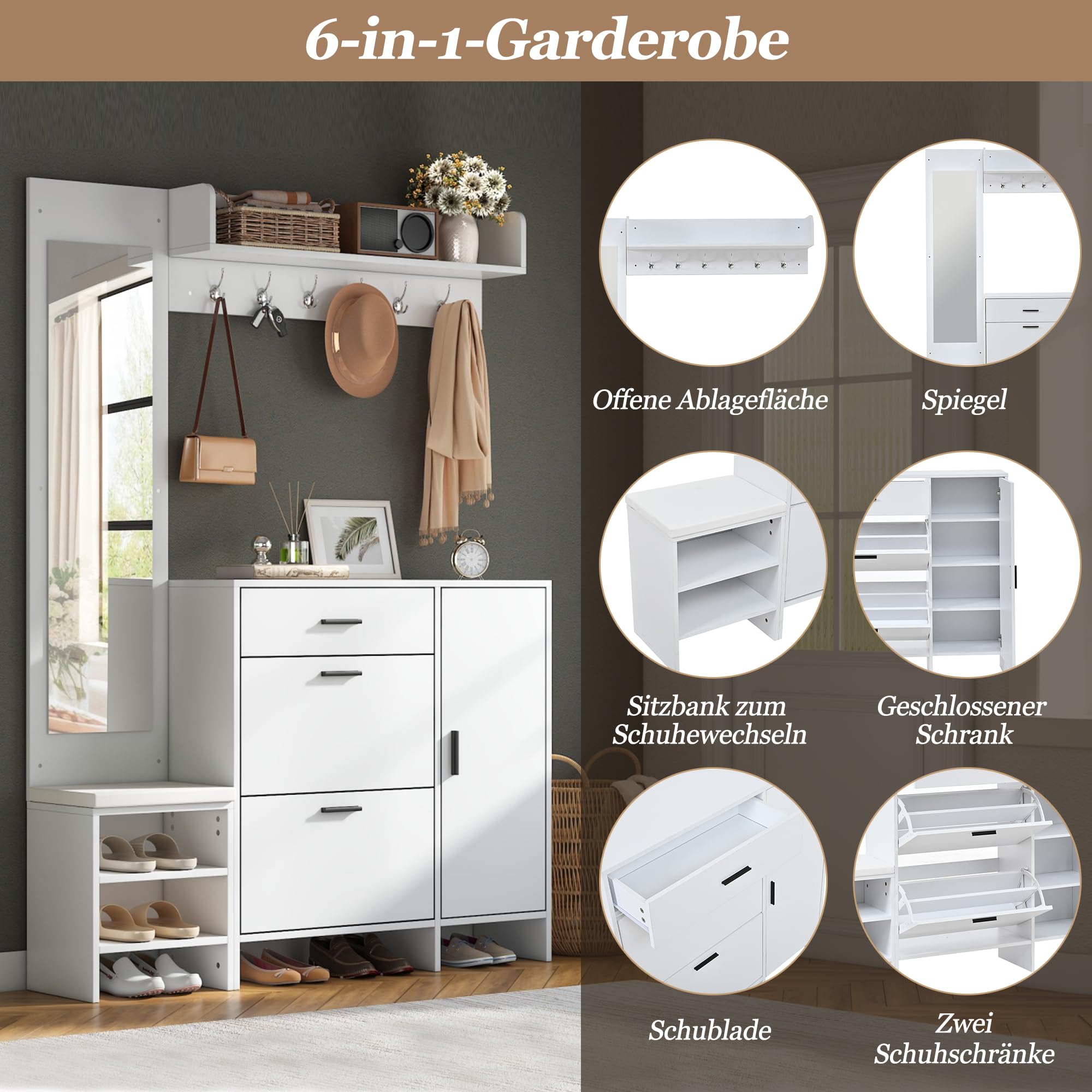 Garderobe Set Garderobenschrank mit Spiegel, Weiß, 140x30x200 cm