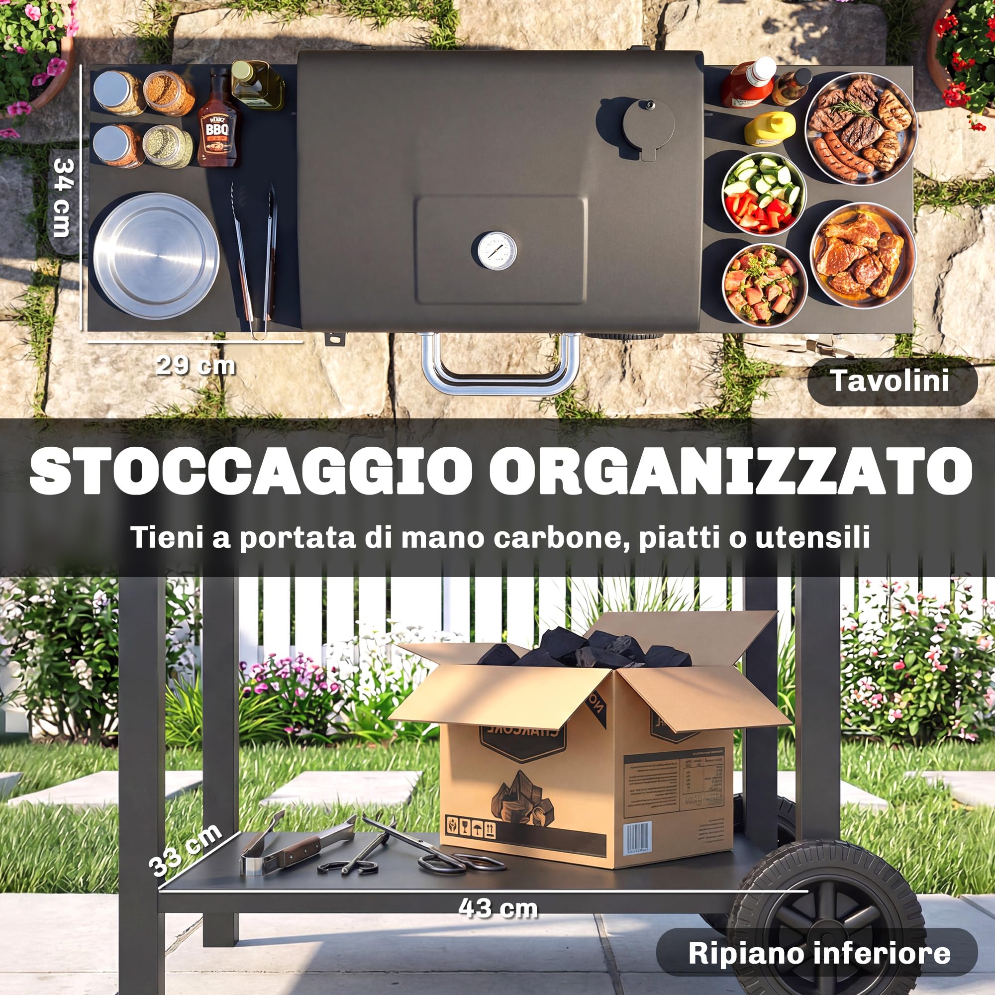 Outsunny Barbecue Carbonella Carrello con 2 Ripiani Laterali, Barbecue Portatile Affumicatore con Termometro, Griglia, Coperchio, Ruote Manico Acciaio Inox, BBQ Carbonella per Giardino Campeggio, Nero