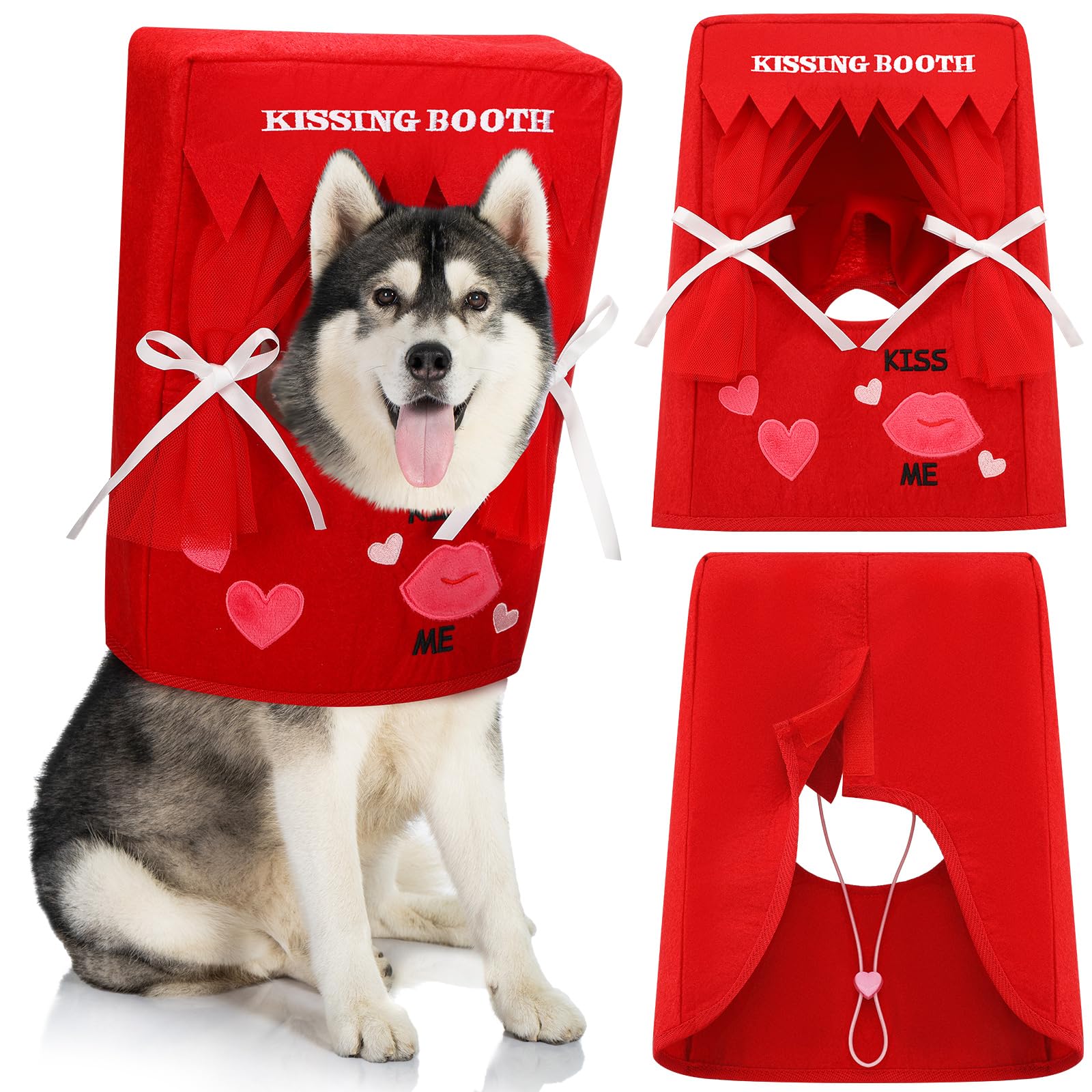 Solsew Valentine Dog Costume Kissing Booth Headpiece for Dog and Cats Cute Pup Kissing Booth Pet Headwear Costume Gift for Holiday Birthday Party(Red,
