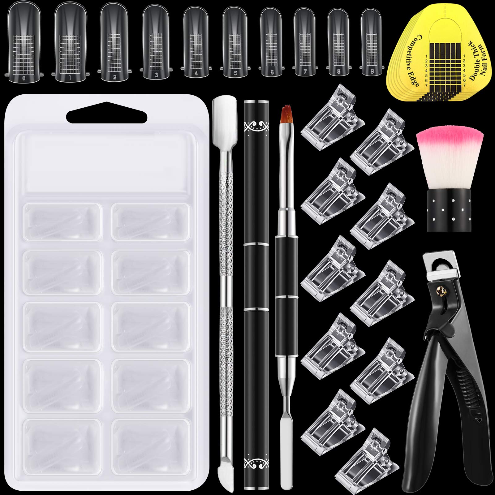 165 Pieces Dual Nail Extension Forms Set,100 Stiletto Gel Nail Mold Dual System, 50 Horseshoe-Shaped Nail Extension Tip, Dual-Ended Gel Brush and Picker Nail Trimmer Nail File Acrylic Clear Nail Clips