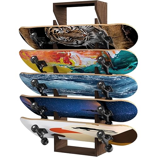 lukar Skateboard Rack, Skateboards Wall Mount, 6 Tier Wooden Skateboard Holder for Deck, Skateboard Stand Skateboard Deck Wall Mount for Longboard, Standard Skateboards