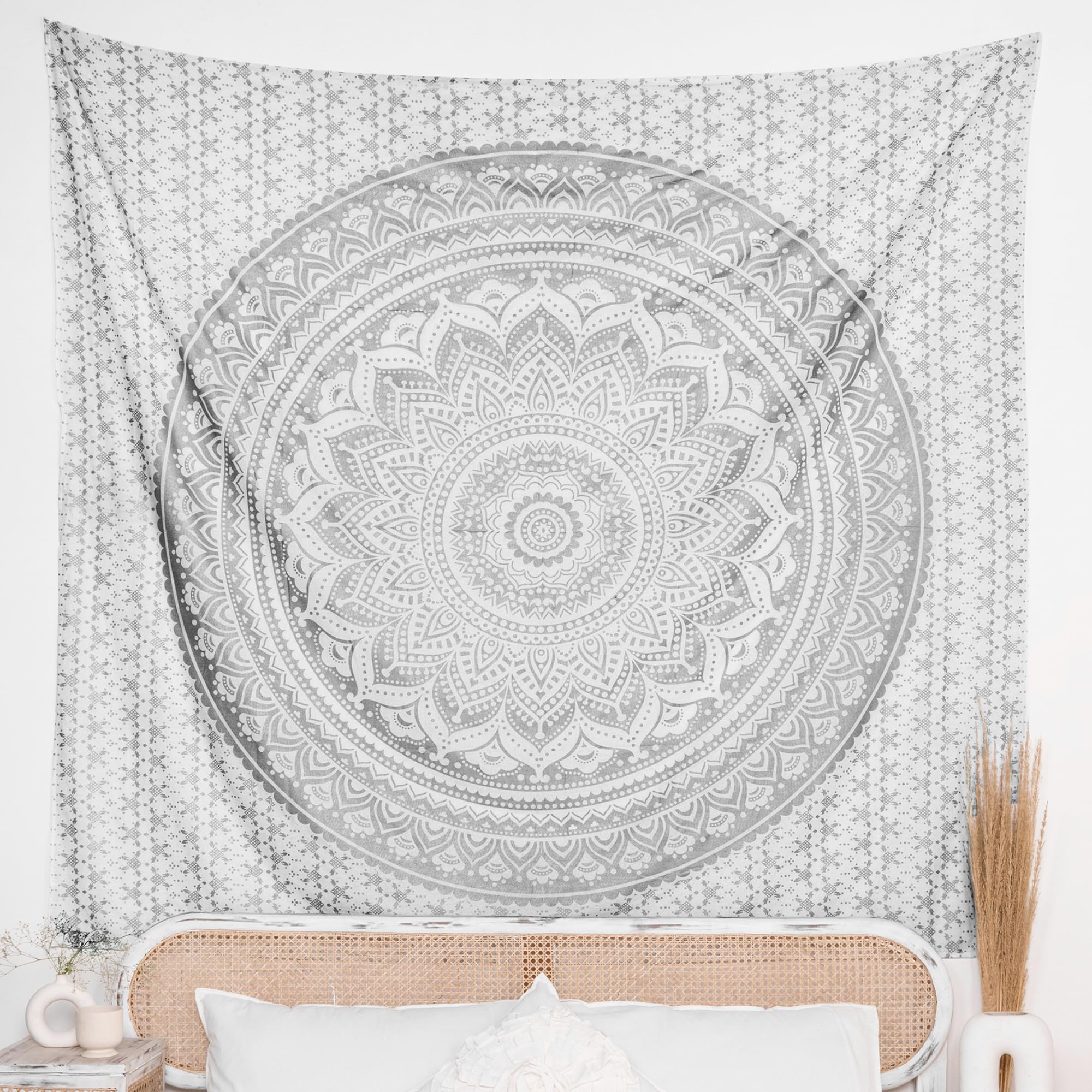 RAJRANG Mandala Tapestry Wall Hanging Cotton Bohemian Decor for Bedroom and Living Room 127x152 cm Silver