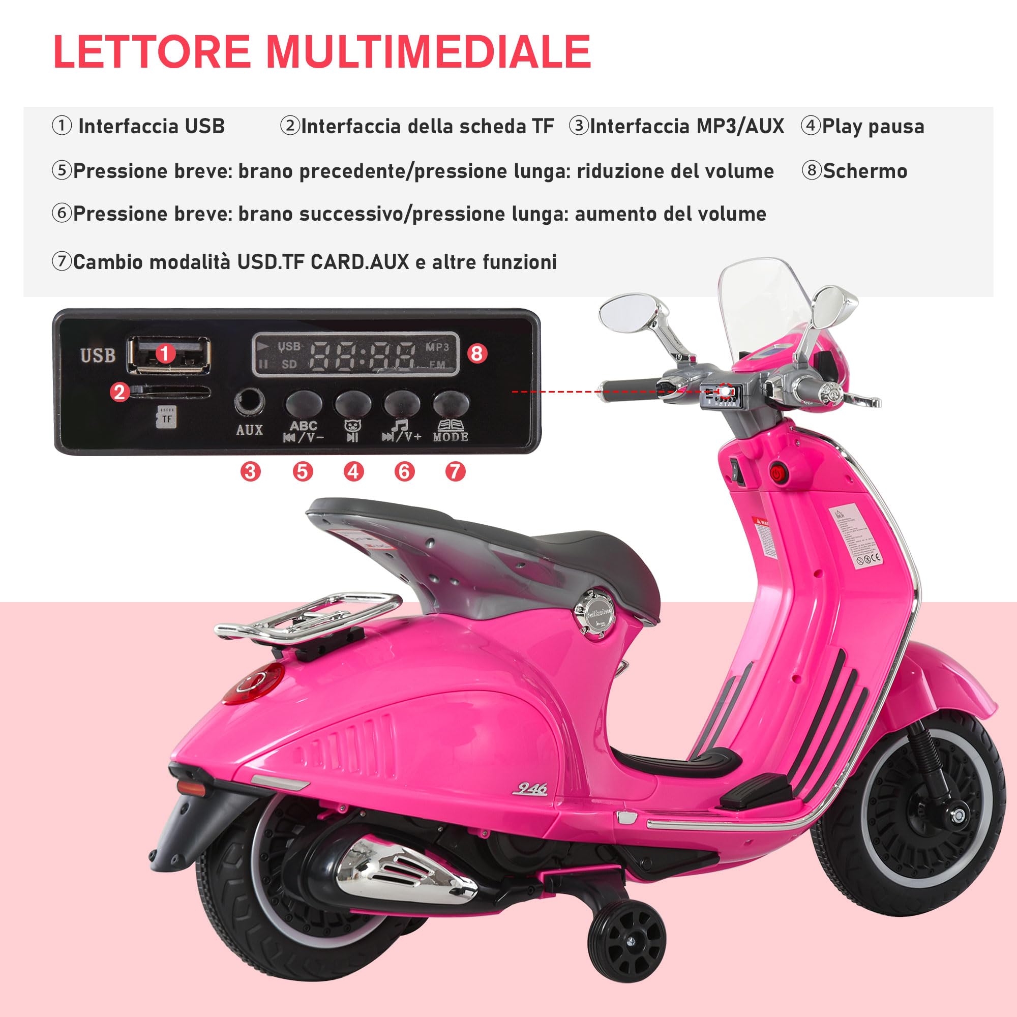 HOMCOM Vespa Elettrica per Bambini con 2 Rotelle, Luci e Suoni, Moto Elettrica per Bambini 3+ Anni, Moto Giocattolo in PP e Acciaio, 108x49x75 cm, Rosa