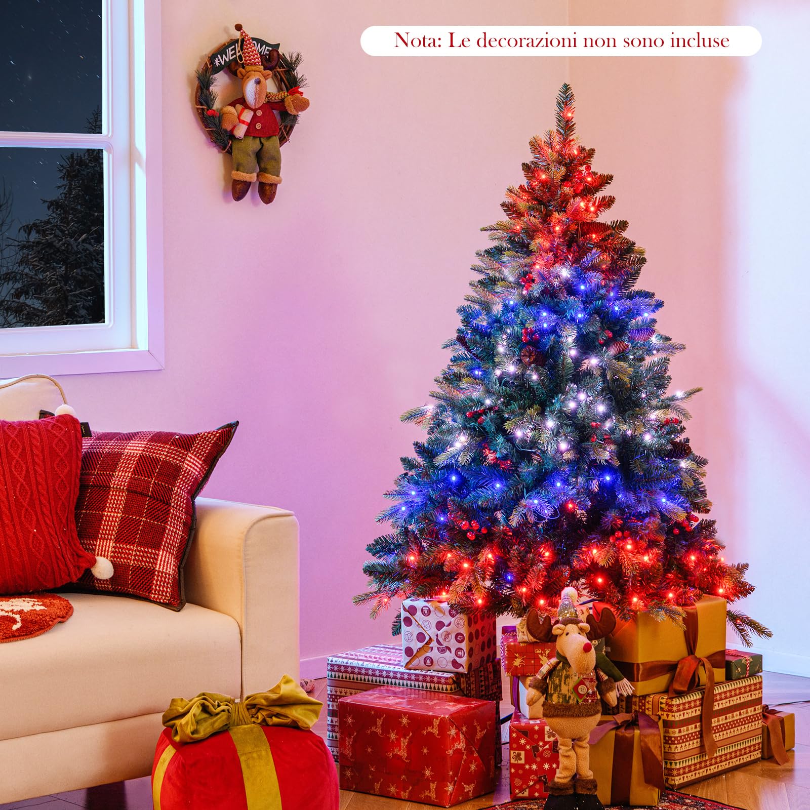 COSTWAY Albero di Natale Artificiale 150/180 cm, con 250/370 Luci RGB Multicolori Controllabili tramite APP, 584/1054 Rami in PE & PVC, 23/41 Pigne e 23/41 Bacche Rosse e Controllo Remoto (150 cm)