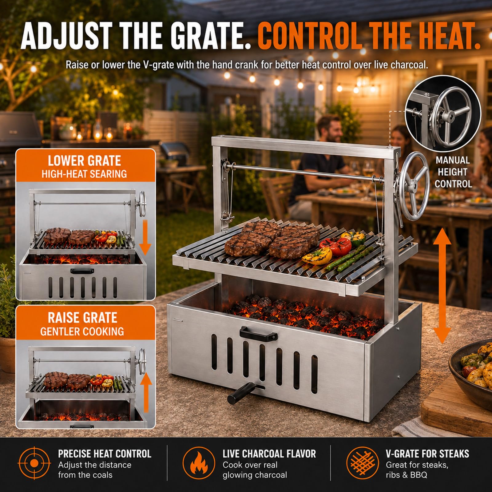 Barbecue Santa Maria Stile Argentino, griglia a V Regolabile con manovella, Acciaio Inox per Cottura a carbonella, Giardino, terrazza e Uso Esterno