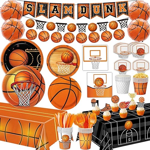 185 PCS Basketball Party Decorations Includes Plates, Napkins, Cups, Basket