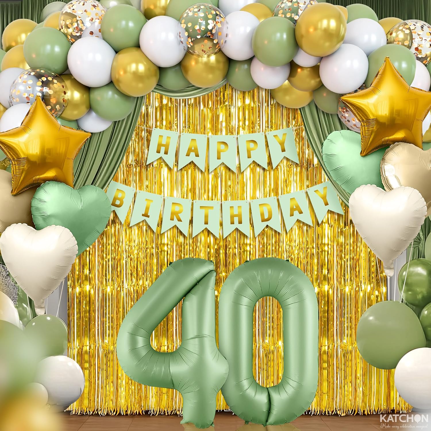 KatchOn, Sage Green 40th Birthday Decorations Set – Pack of 49 | Sage Green 40 Balloon Number | Star, Heart & Confetti Balloons, Gold Foil Fringe Backdrop | 40th Birthday Decorations for Women, Men