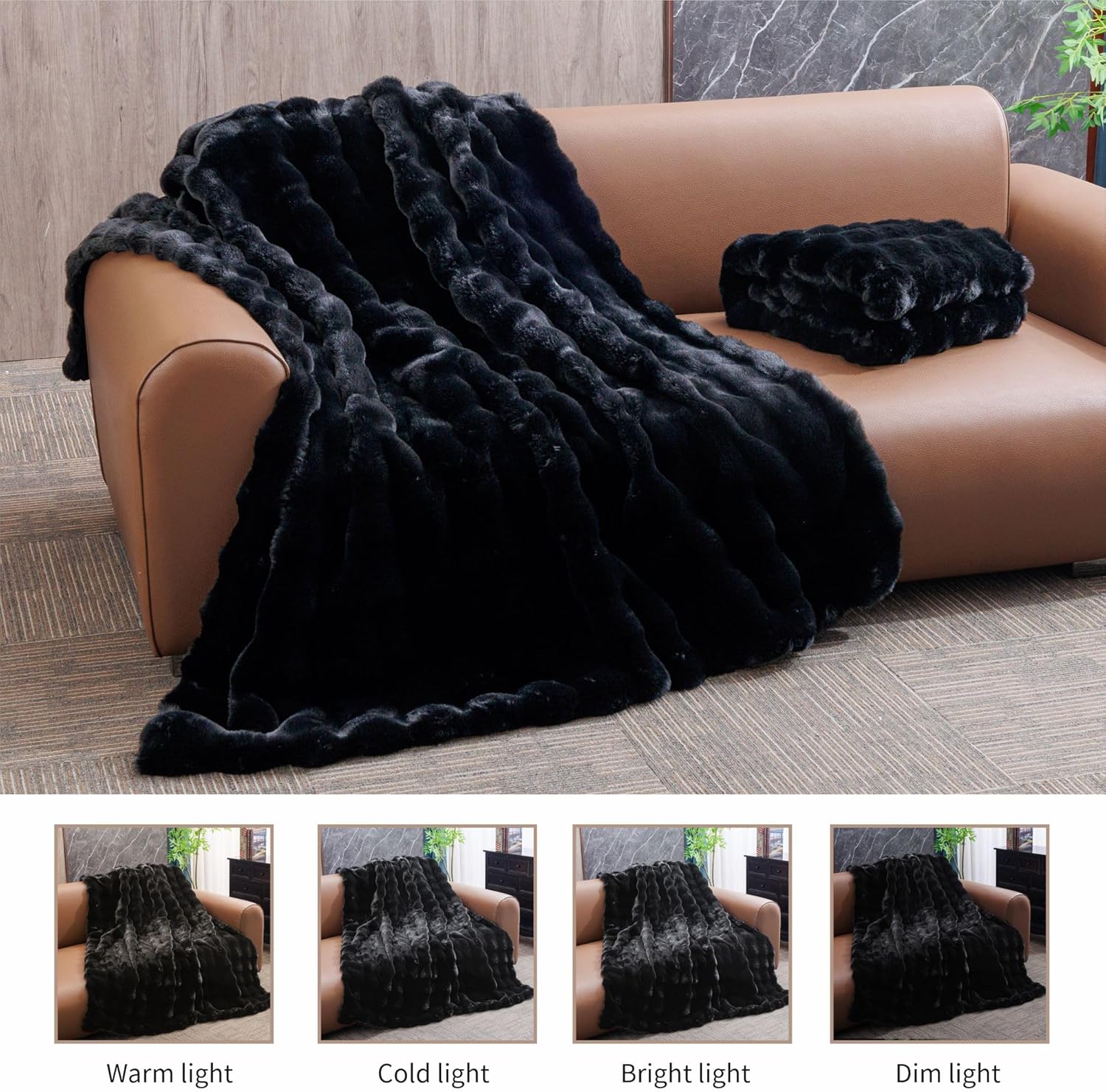 Faux Rabbit Fur Bubble Blanket Black Fleece Fuzzy Soft Fluffy Thick Cute Twin Blanket for Sofa Bed Couch Living Room Gift, 60 * 80 Inches 900GSM - Image 7