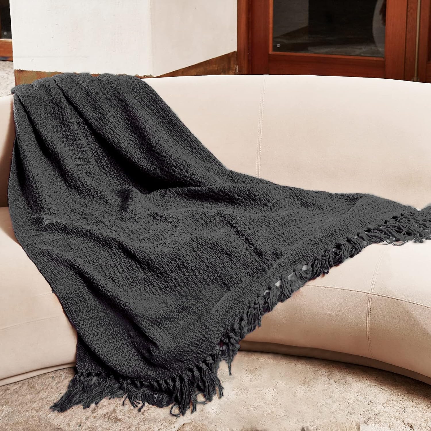 Thick Chunky Black Knitted Throw Blanket for Couch Chair Sofa Bed, Chic Boho Style Textured Basket Weave Pattern Blanket with Decorative Fringe, 60"x80"
