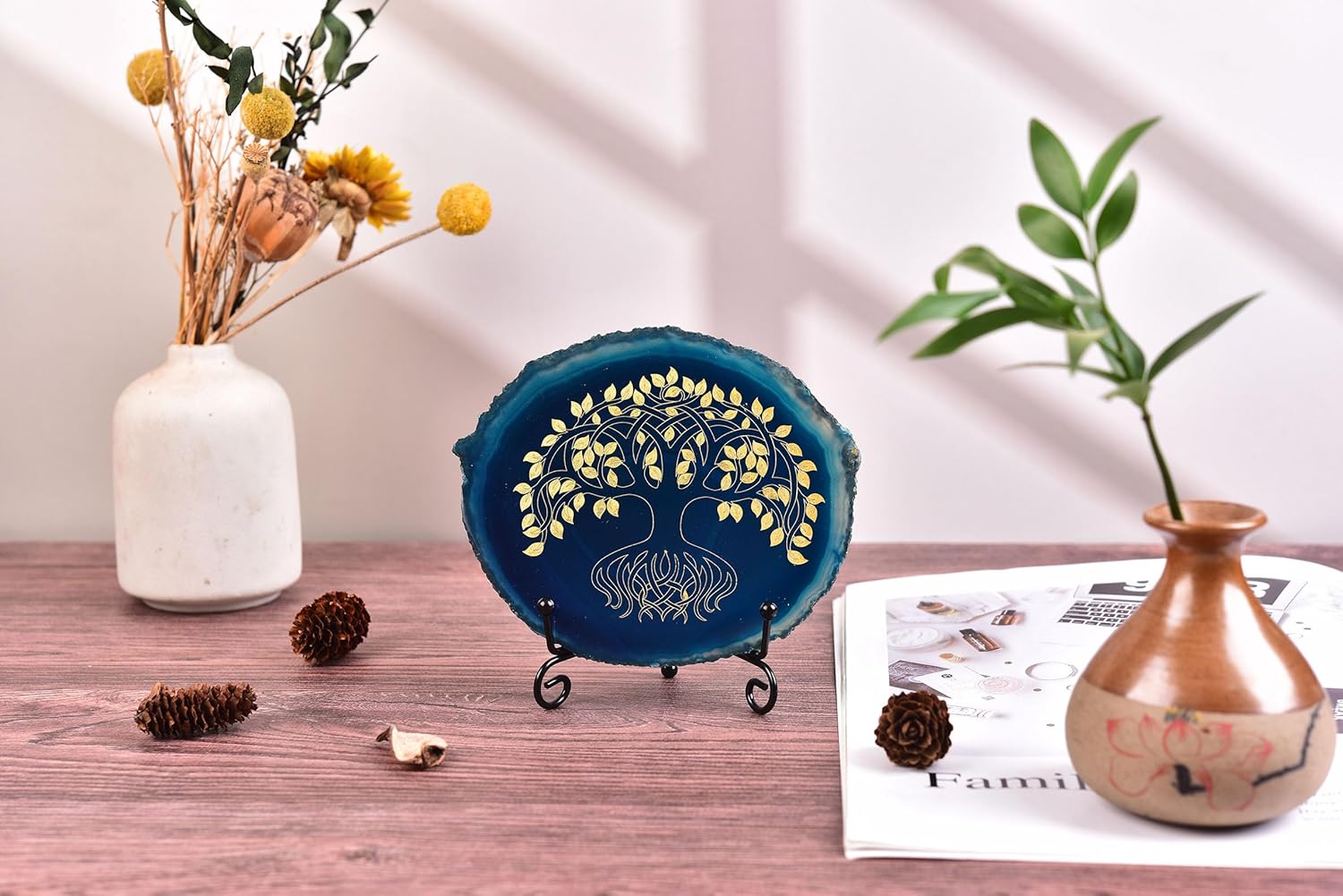 AMOYSTONE Office Crystal Decor - Laser Engraved Tree of Life on Blue Agate, 4-5" with Stand - Image 2