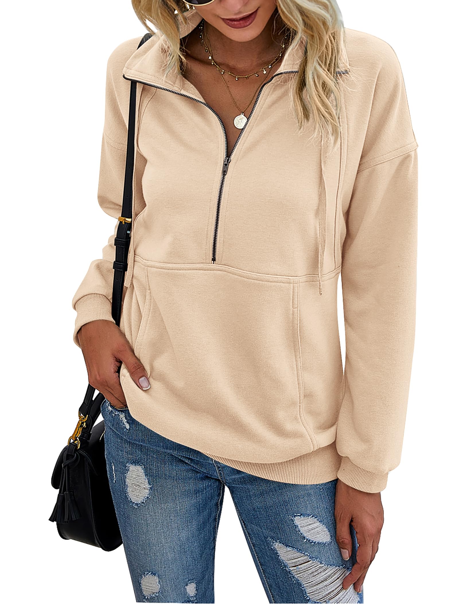 PRETTYGARDENWomen's Casual Long Sleeve Lapel Zipper Sweatshirt Drawstring Loose Pullover Tops