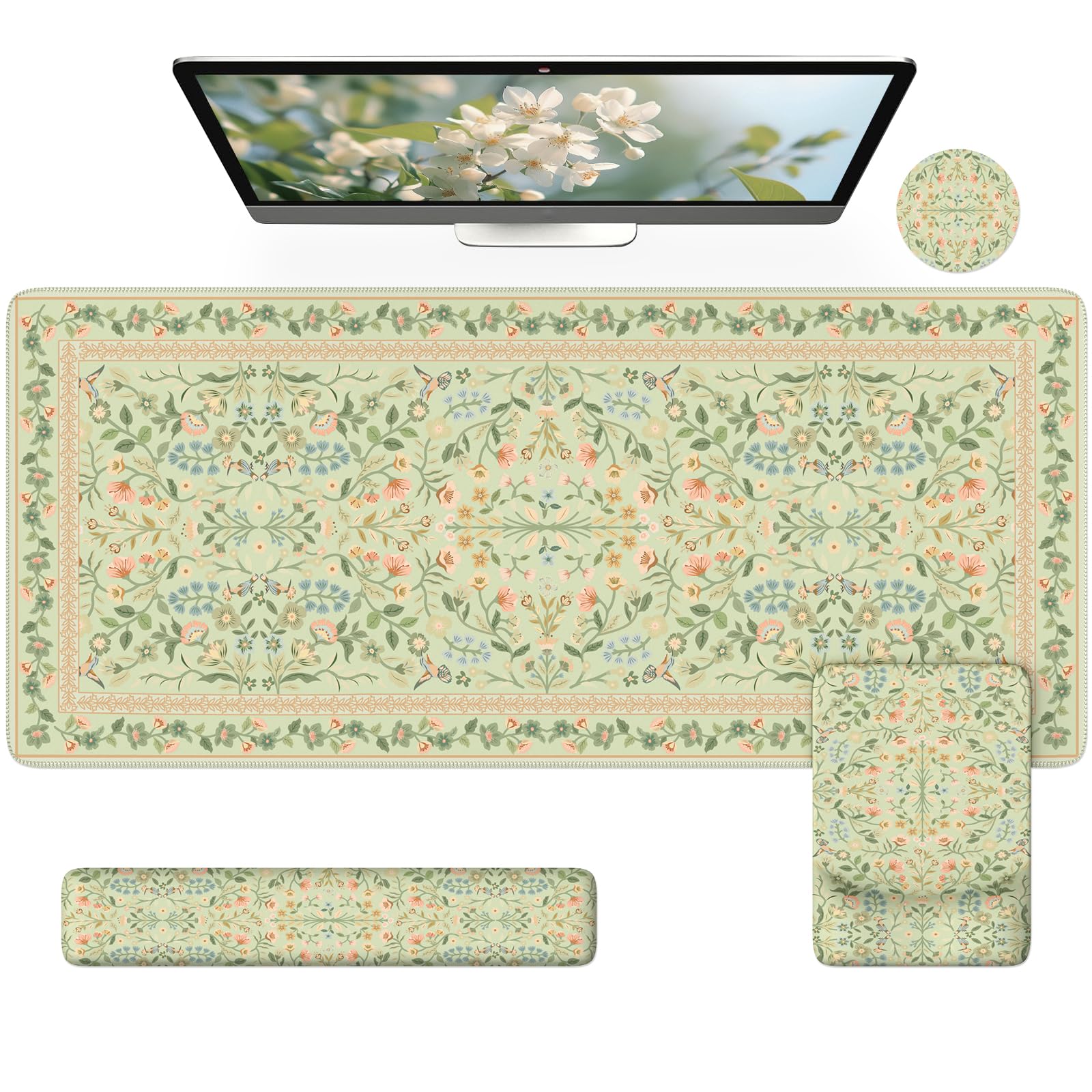 iCasso Mouse Pad with Wrist Rest,Large Desk Mat Set,Ergonomic Keyboard Pad with Wrist Support,Non-Slip Mouse Mat for Women,Cute Floral Computer Mat