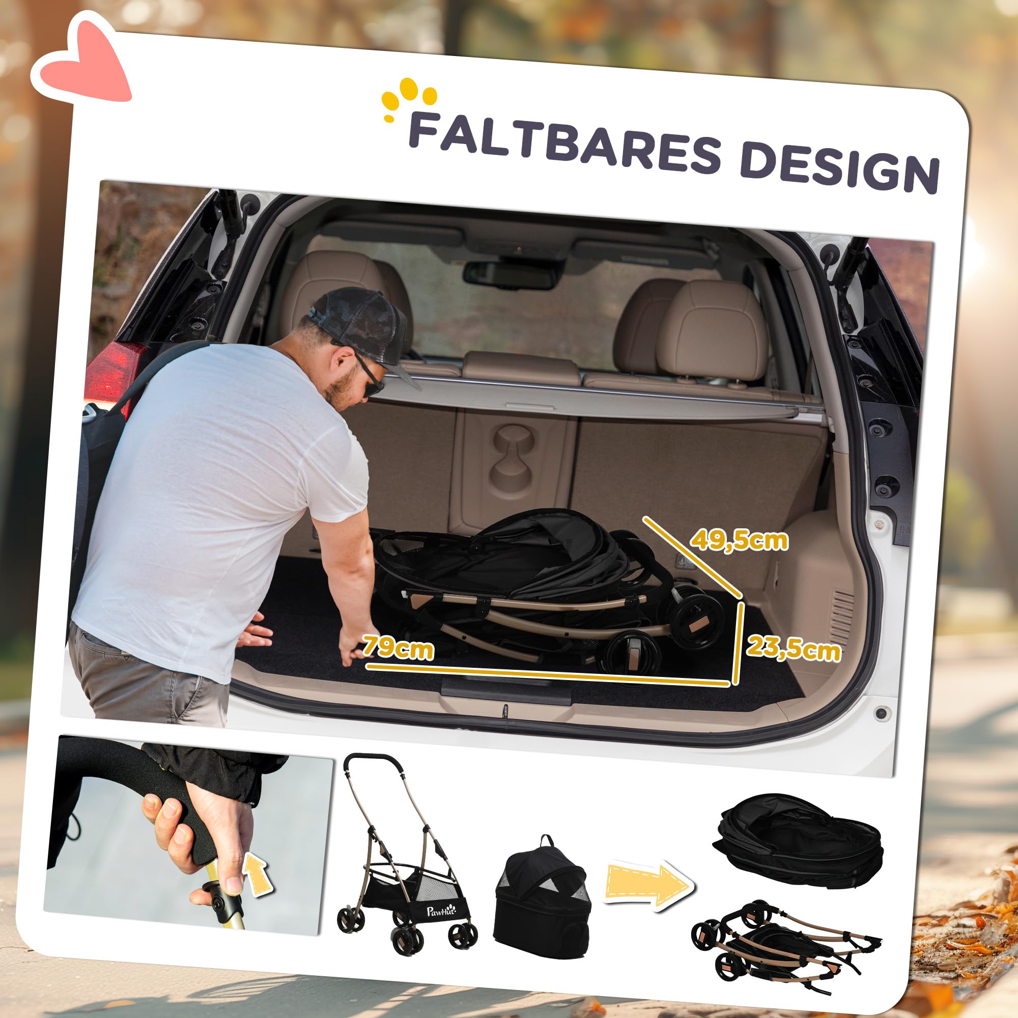 PawHut Hundewagen, 2 in 1 Hundetrolley, Tragetasche, Faltbarer Hundebuggy mit Kissen, Katzenwagen für kleine Hunde, Katzen, Katzenbuggy mit 4 Rädern, Netzfenster, Oxfordstoff, Schwarz