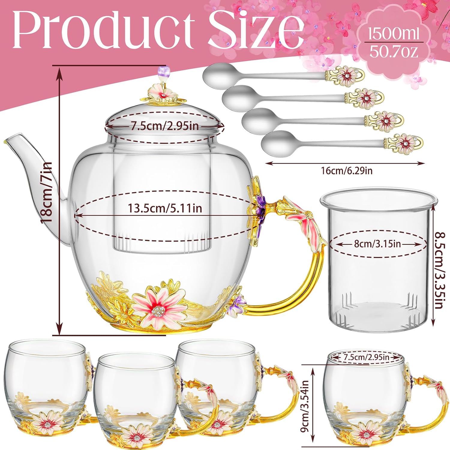 Maxdot 5 Pcs Floral Glass Tea Set with Teapot and Infuser, 51 oz Vintage Flower Teapot with 4 Daisy Enamel Cups 11 oz and Spoons, Tea Party Set, Gift for Women Mom Grandma
