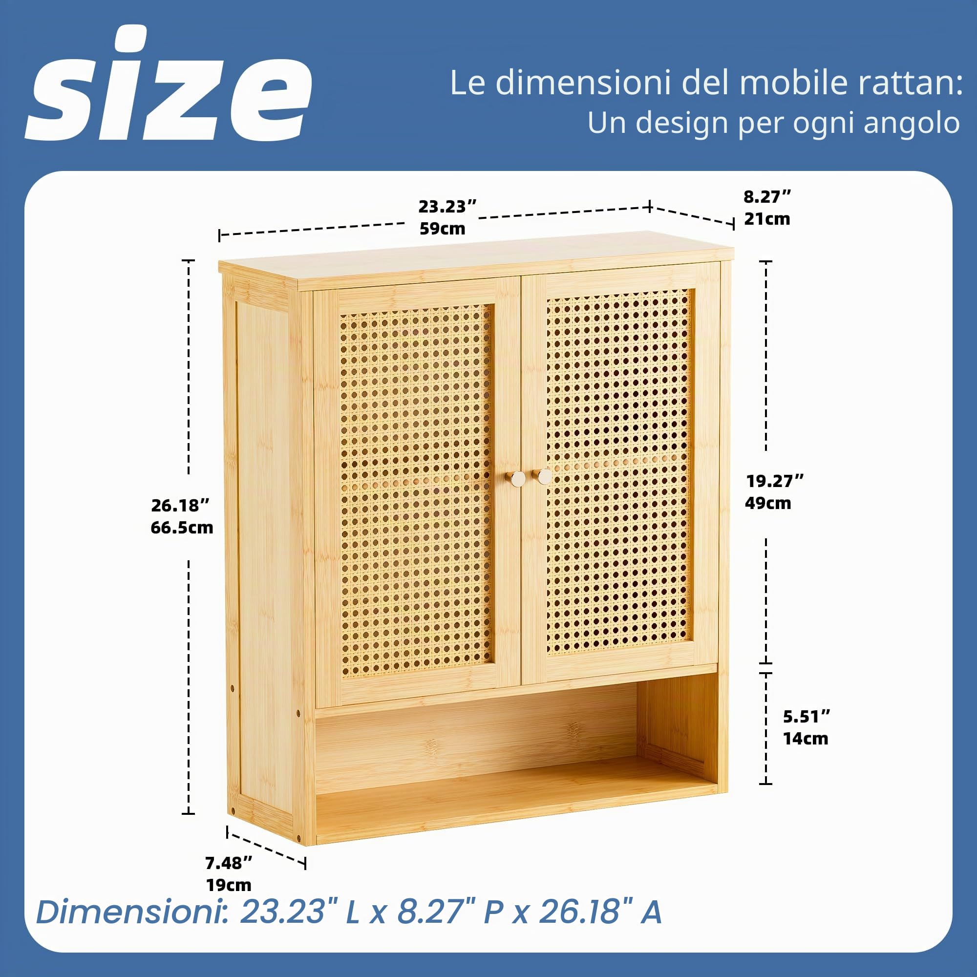 HITNET Mobile Bagno Sospeso in Rattano, Armadietto da muro bagno in Bambù con Ante Doppie e Ripiani Regolabili, Archiviazione sopra il Water per Cucina, Soggiorno, Lavanderia, Naturale‌